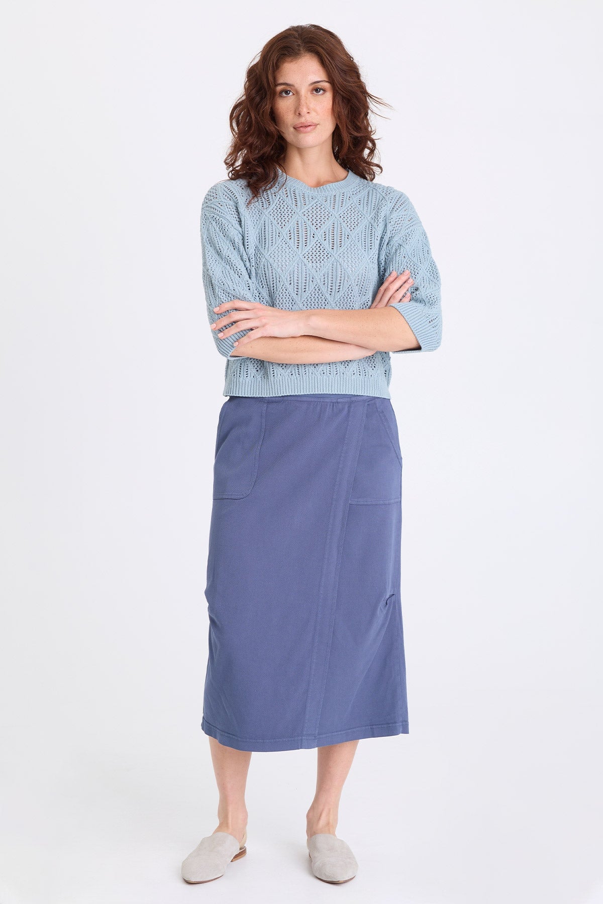 Halimo Cotton Open-Knit Elongated Short Sleeve Crew Neck Pullover Sky Light - XCVI