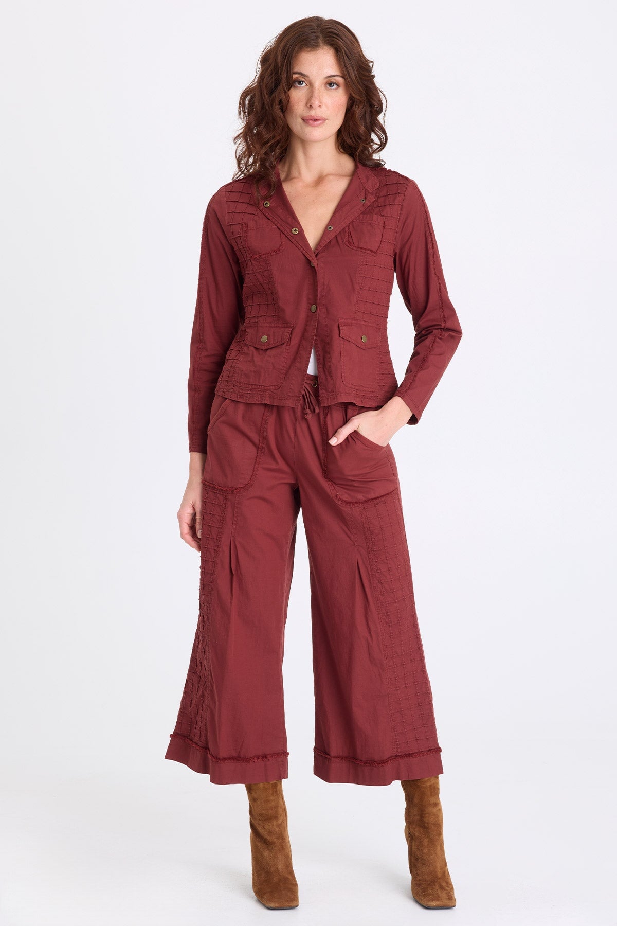 Nicolene Poplin Grid Pintuck Crop Twinberry - XCVI
