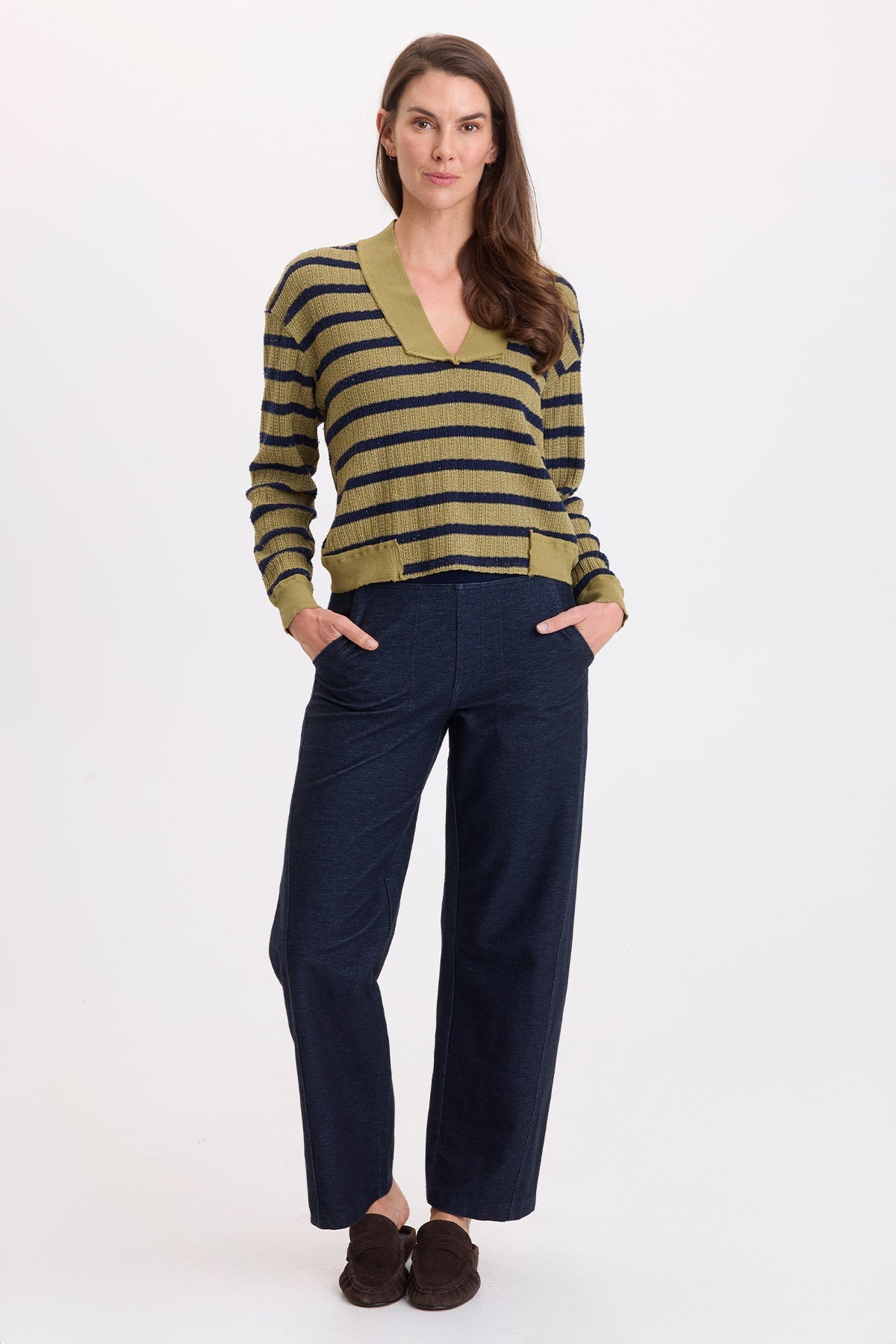 Wearables Fonz Stripe Sweater knit Rib Trim V-Neck Top Artichoke Pigment - XCVI