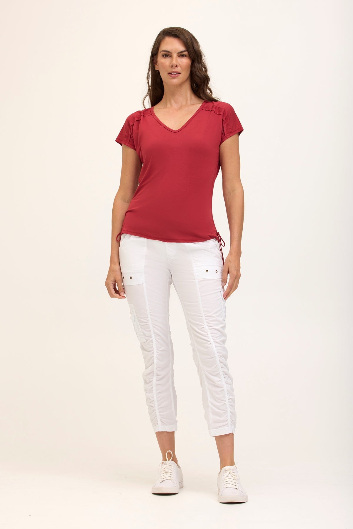 Wearables Core Diggory Soft Jersey Cinchable Side Cord V-Neck Tee Crimson - XCVI