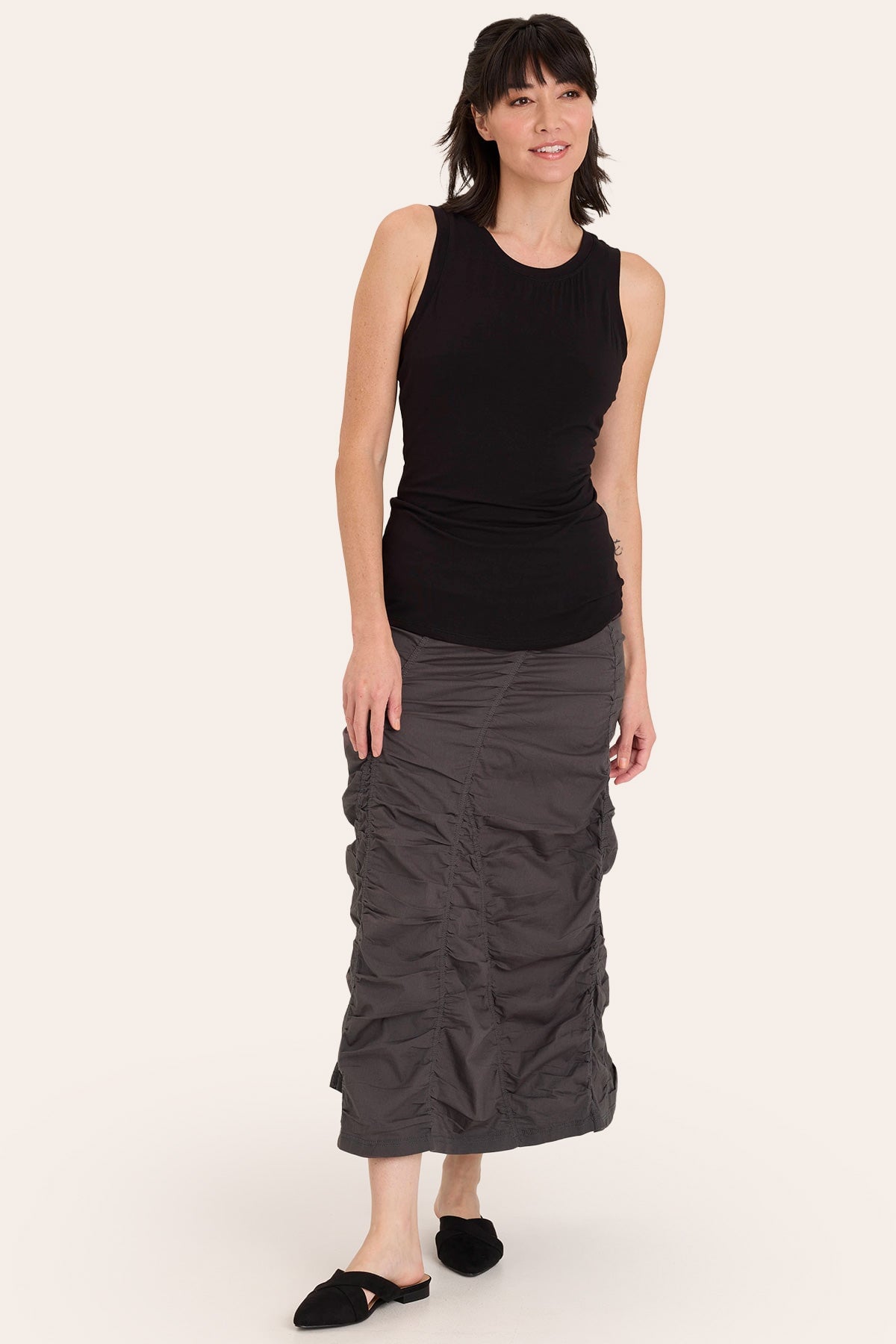 Core by Shirred Panel Asymmetric Midi Skirt in Stretch Poplin with jersey pull-on foldover waistband and gored section in Grey - XCVI