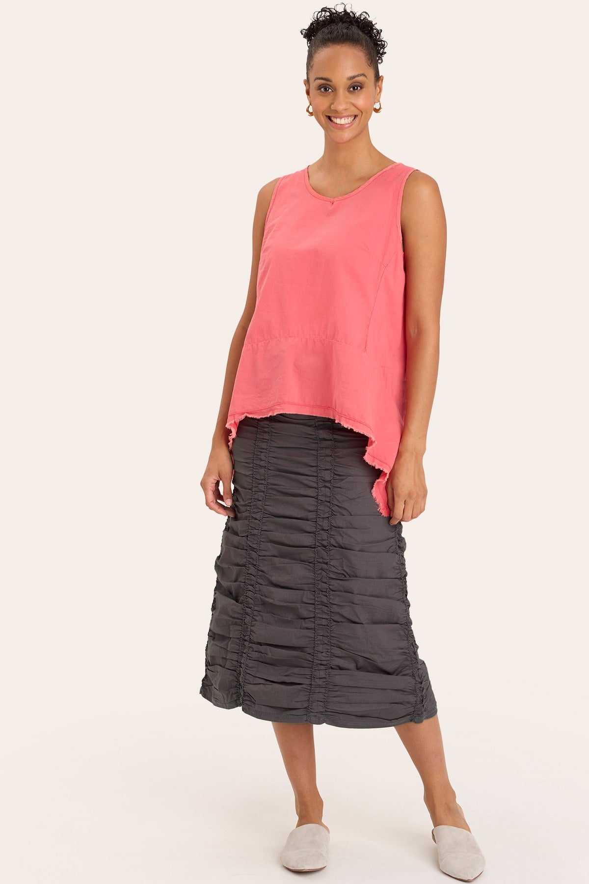 Core by Shirred Drawstring Midi Skirt in Stretch Poplin in Grey - XCVI