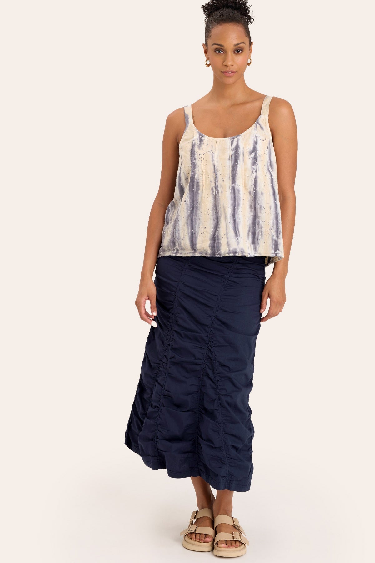 Core by Shirred Panel Asymmetric Midi Skirt in Stretch Poplin with jersey pull-on foldover waistband and gored section in Blue - XCVI