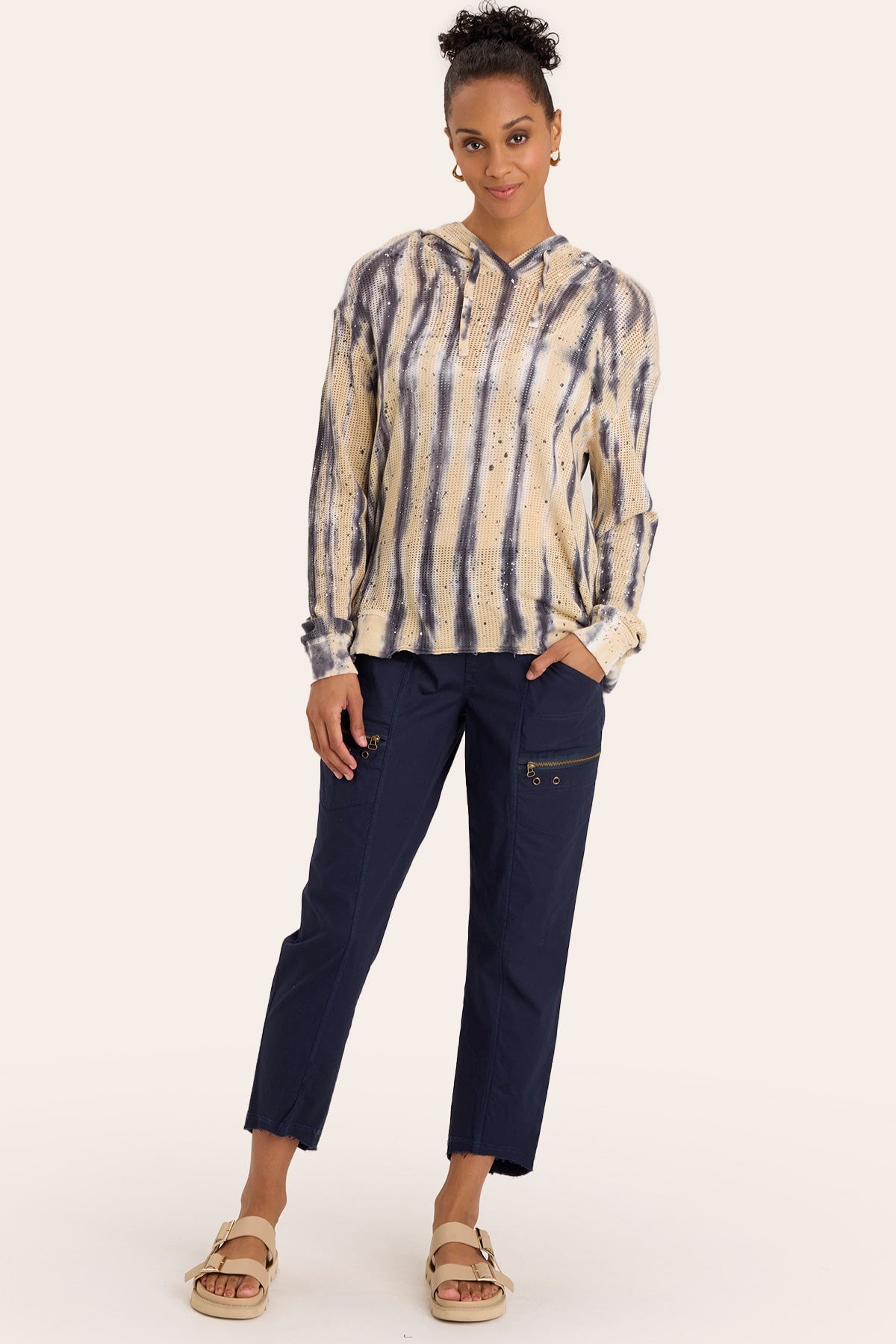 Core by Acker Zipper Slim Crop with shirred panels, zipper pockets, and raw-edge distressed rounded hem in Blue - XCVI