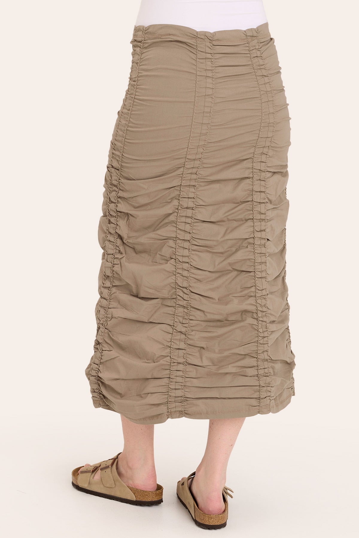Core by Shirred Drawstring Midi Skirt in Stretch Poplin in Brown - XCVI