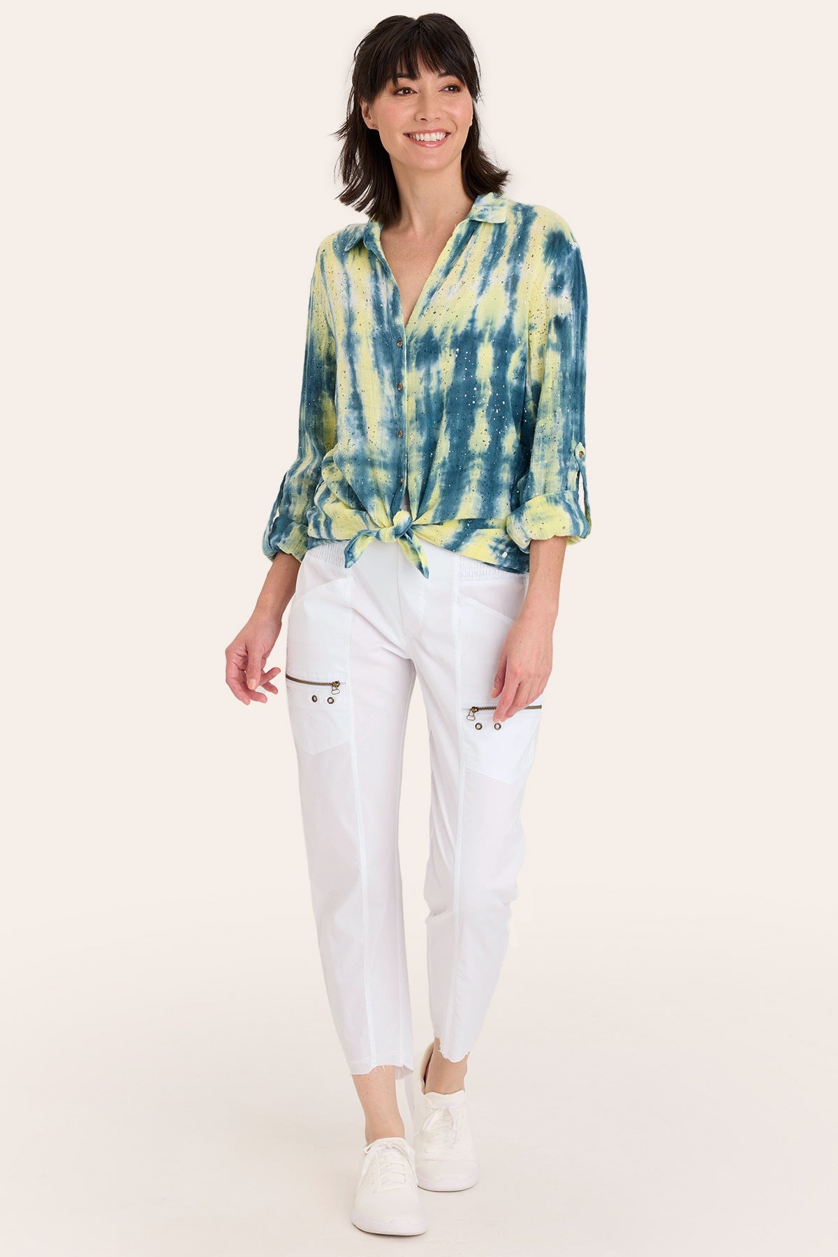 Core by Acker Zipper Slim Crop with shirred panels, zipper pockets, and raw-edge distressed rounded hem in White - XCVI