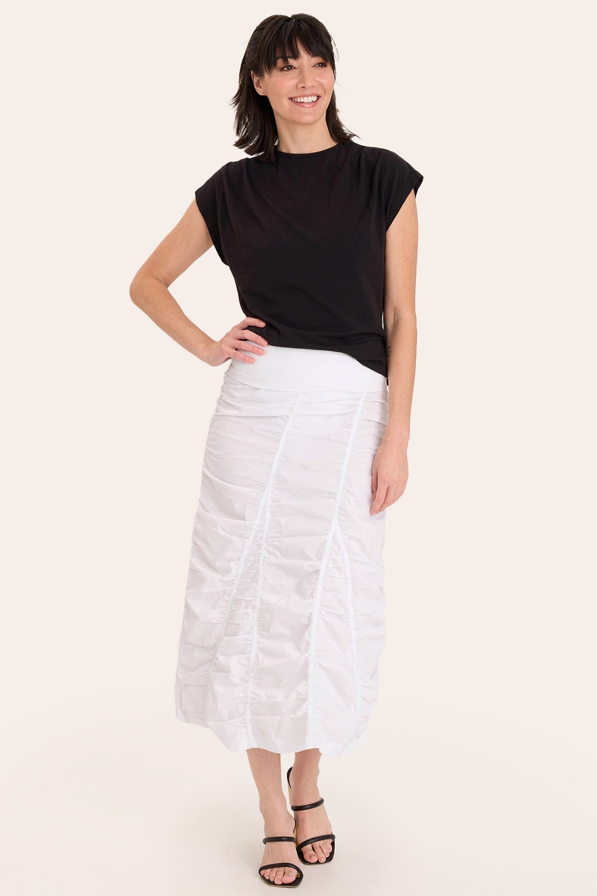 Core by Shirred Panel Asymmetric Midi Skirt in Stretch Poplin with jersey pull-on foldover waistband and gored section in White - XCVI