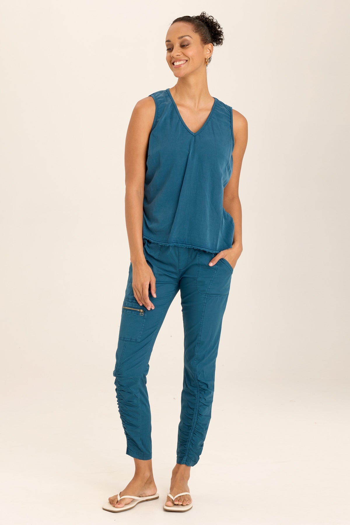 Wearables Ileana Cinched Soft Twill V-Neck Tank with adjustable side seam and jersey contrast + brass hardware in Blue Abyss Pigment - XCVI