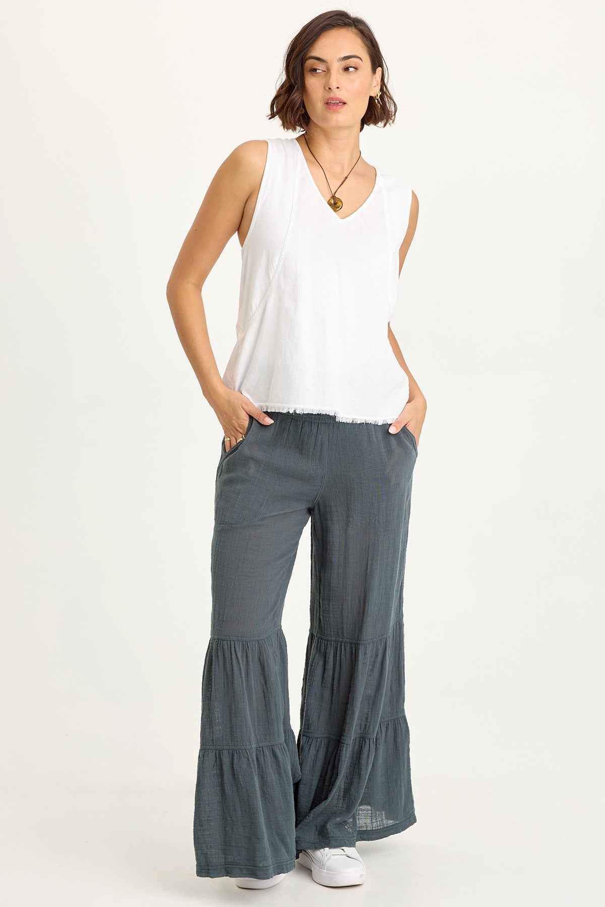 Wearables Mazie Linen/Jersey V-Neck Tank White - XCVI