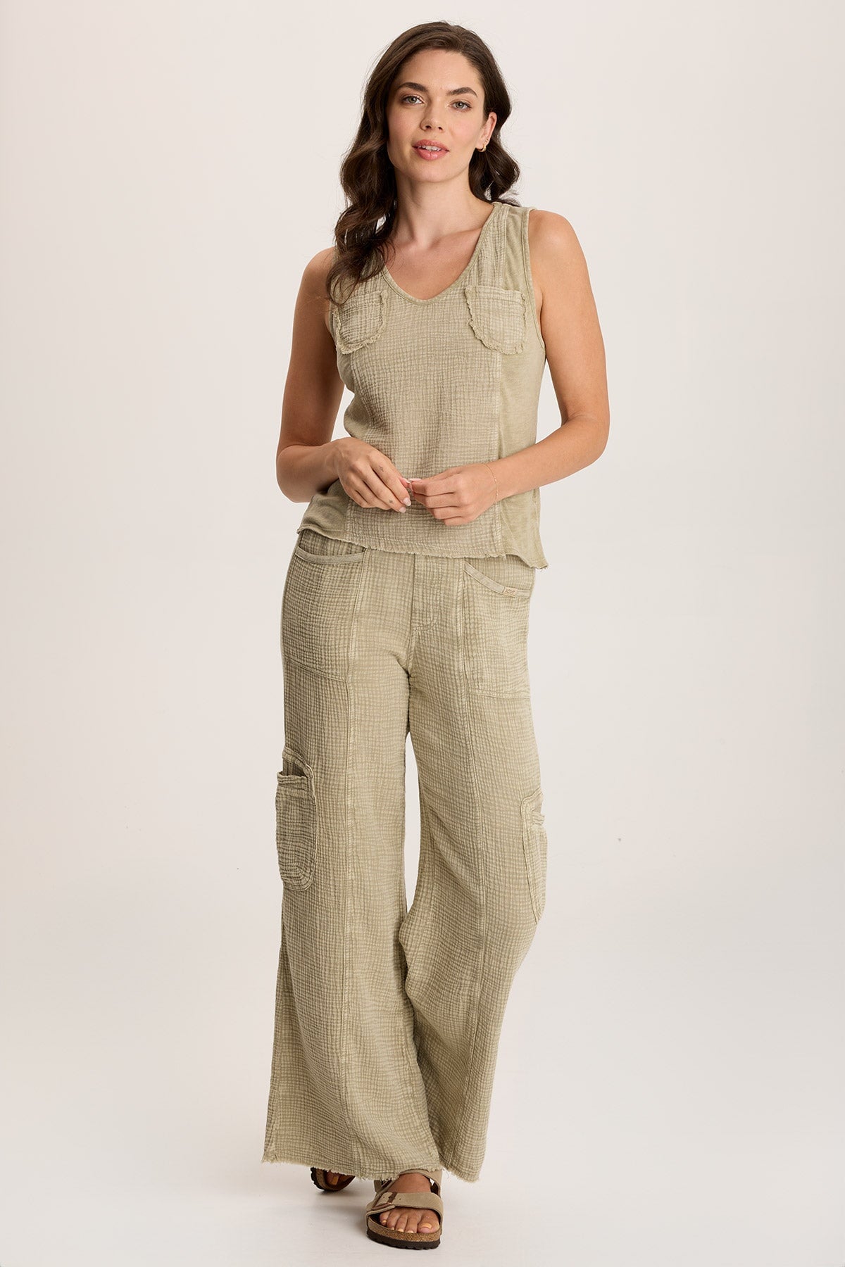 Kirkley Gauze/Jersey V-Neck Tank Distress Wash Biscuit - XCVI