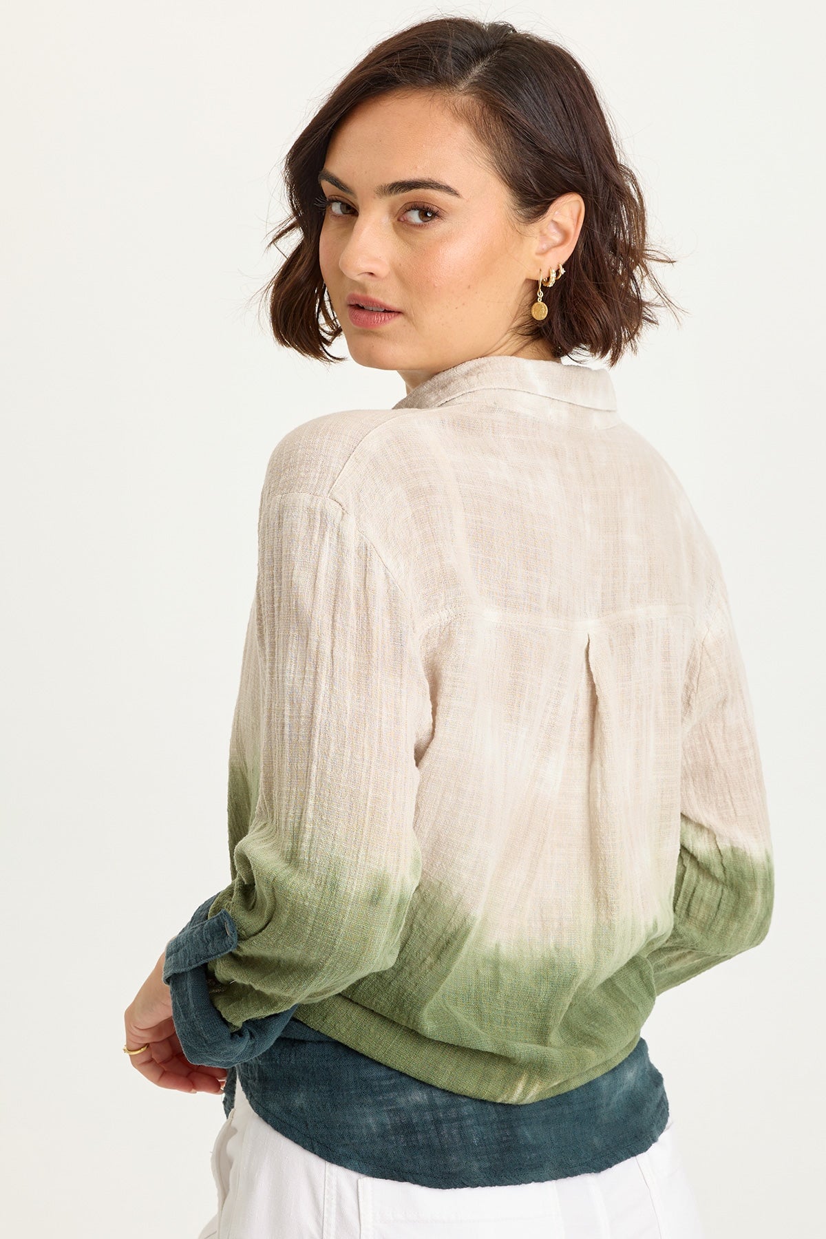 Wearables Porter Gauze Tabbed Sleeve Button-Up Blouse Tricolor Ombre Hawthorn - XCVI