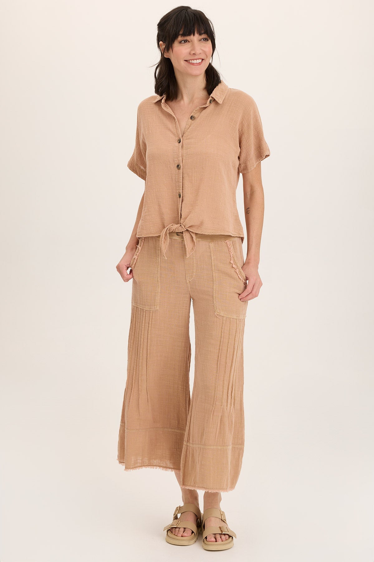 Wearables Teagan Gauze Button-Up Tie Top Fireclay Pigment - XCVI