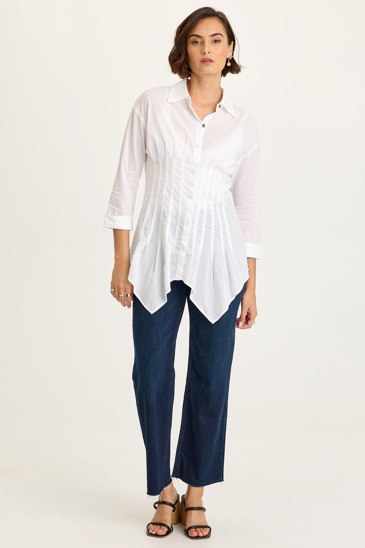 Wearables Ashlan Cotton Voile Pleated Waist Sharkbite Hem Button-Up Blouse White - XCVI