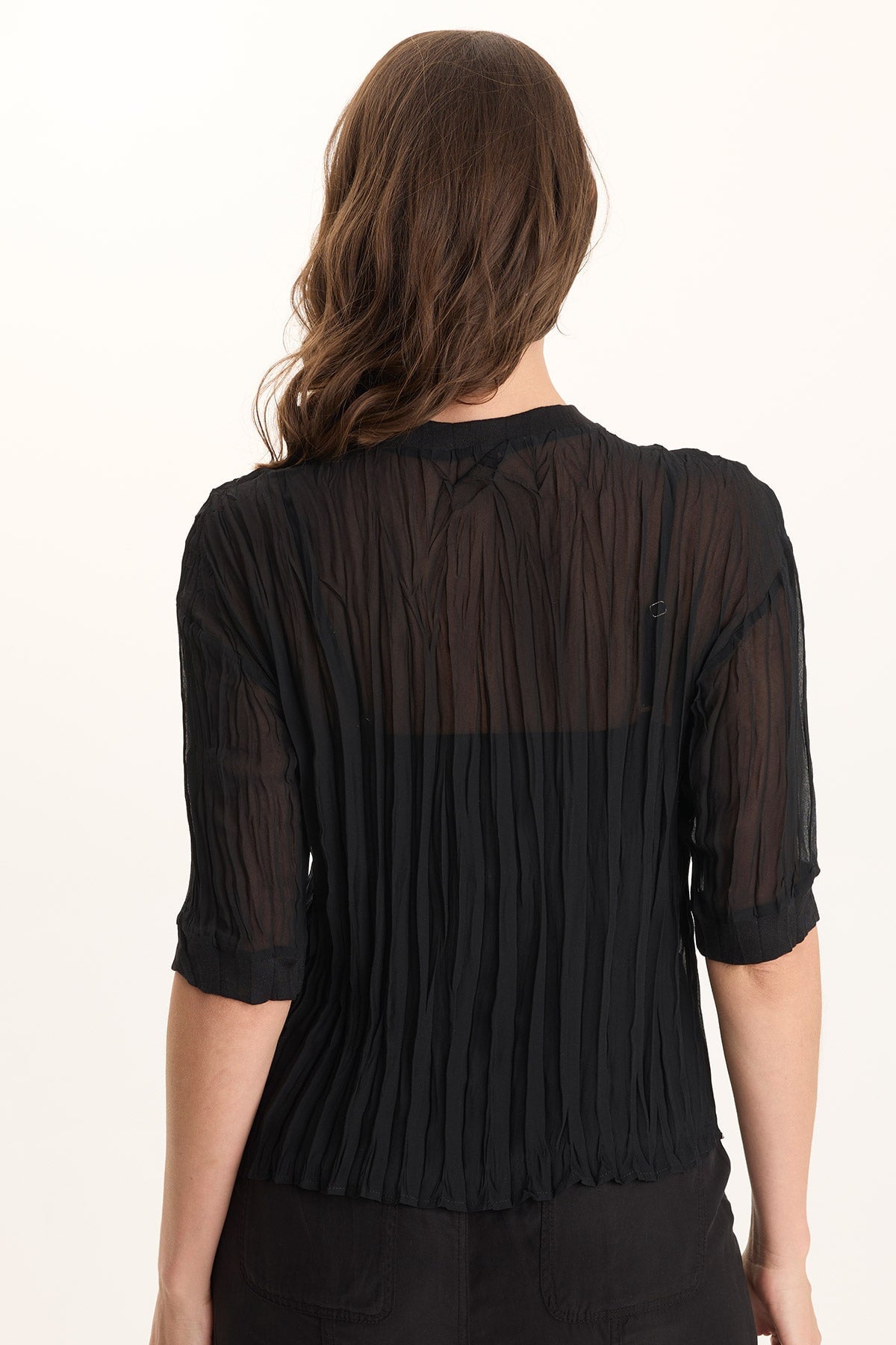 Cason 3/4-Sleeve Micro-Pleat Crinkle Top Black - XCVI