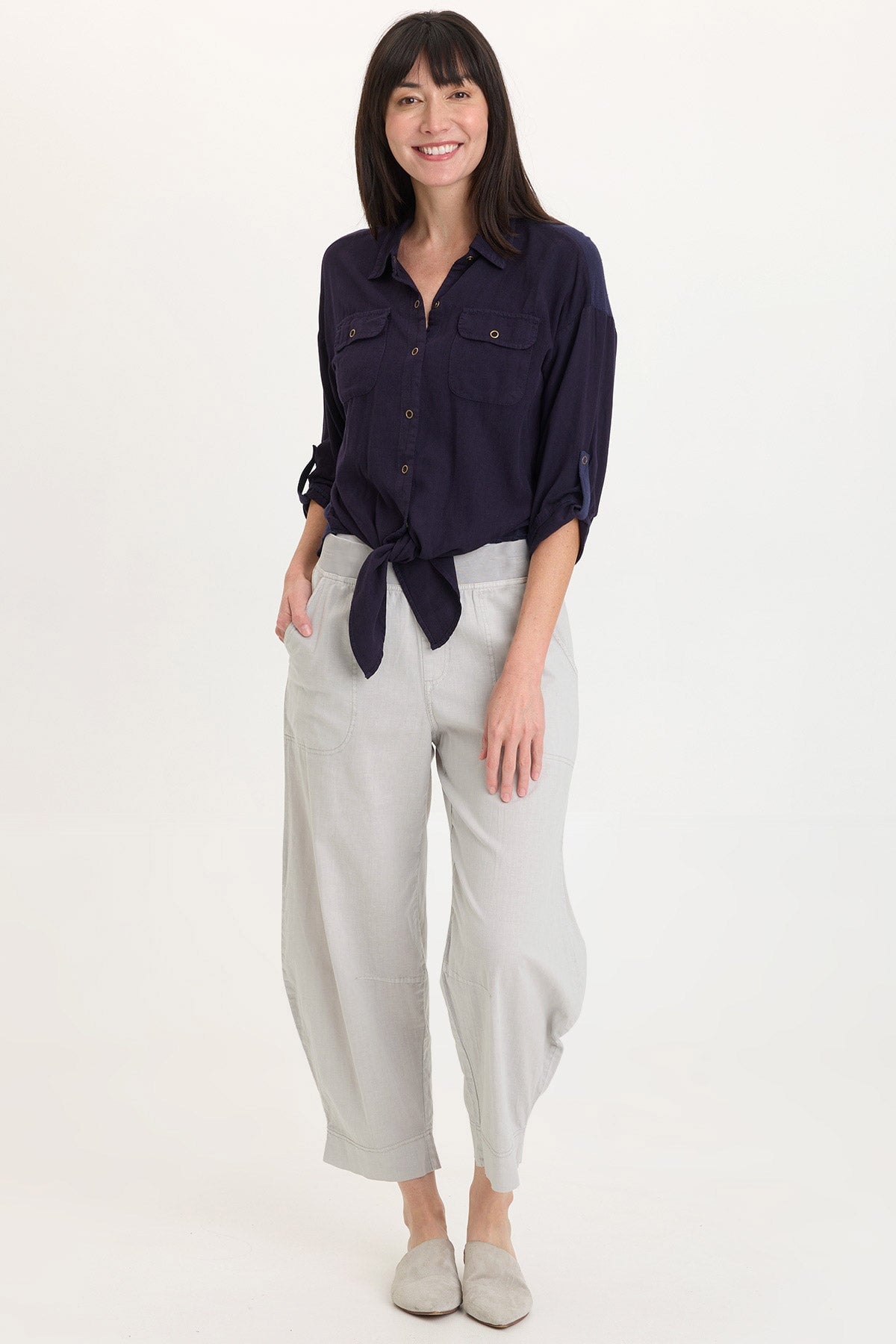 Jisola Cotton Linen Pull-On Waist Barrel Pant Soft Pebble Pigment - XCVI