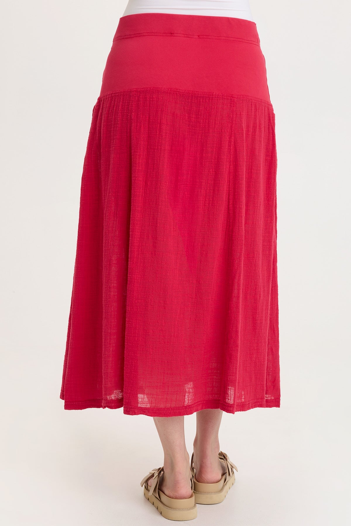 Tani 100% Cotton Gauze Dropped Jersey Waistband Side Pleated Skirt San Marzano Pigment - XCVI