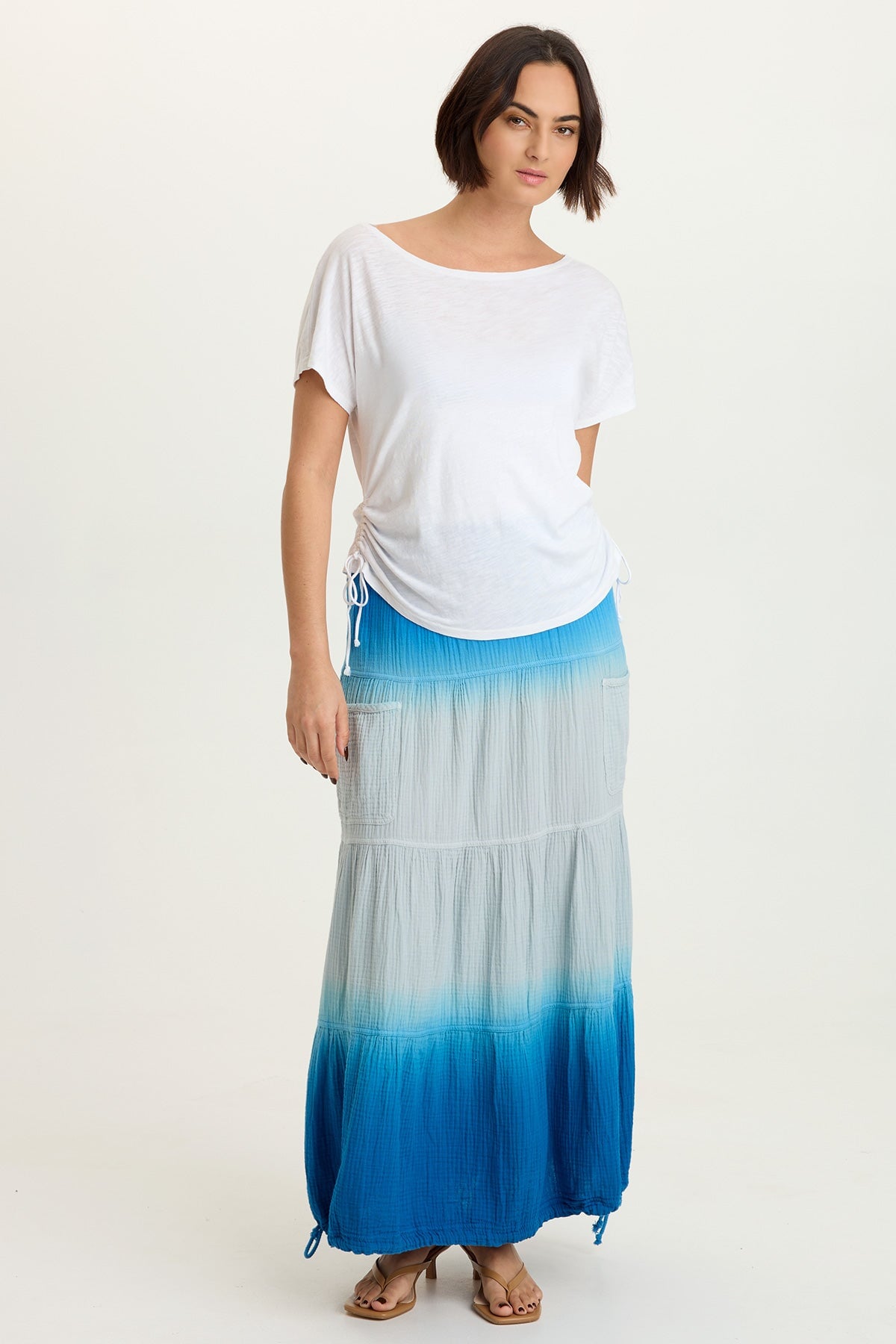Hewson 100% Cotton Gauze Cinchable Bubble Hem Tiered Pull-On Skirt Motley Ombre Kismet - XCVI