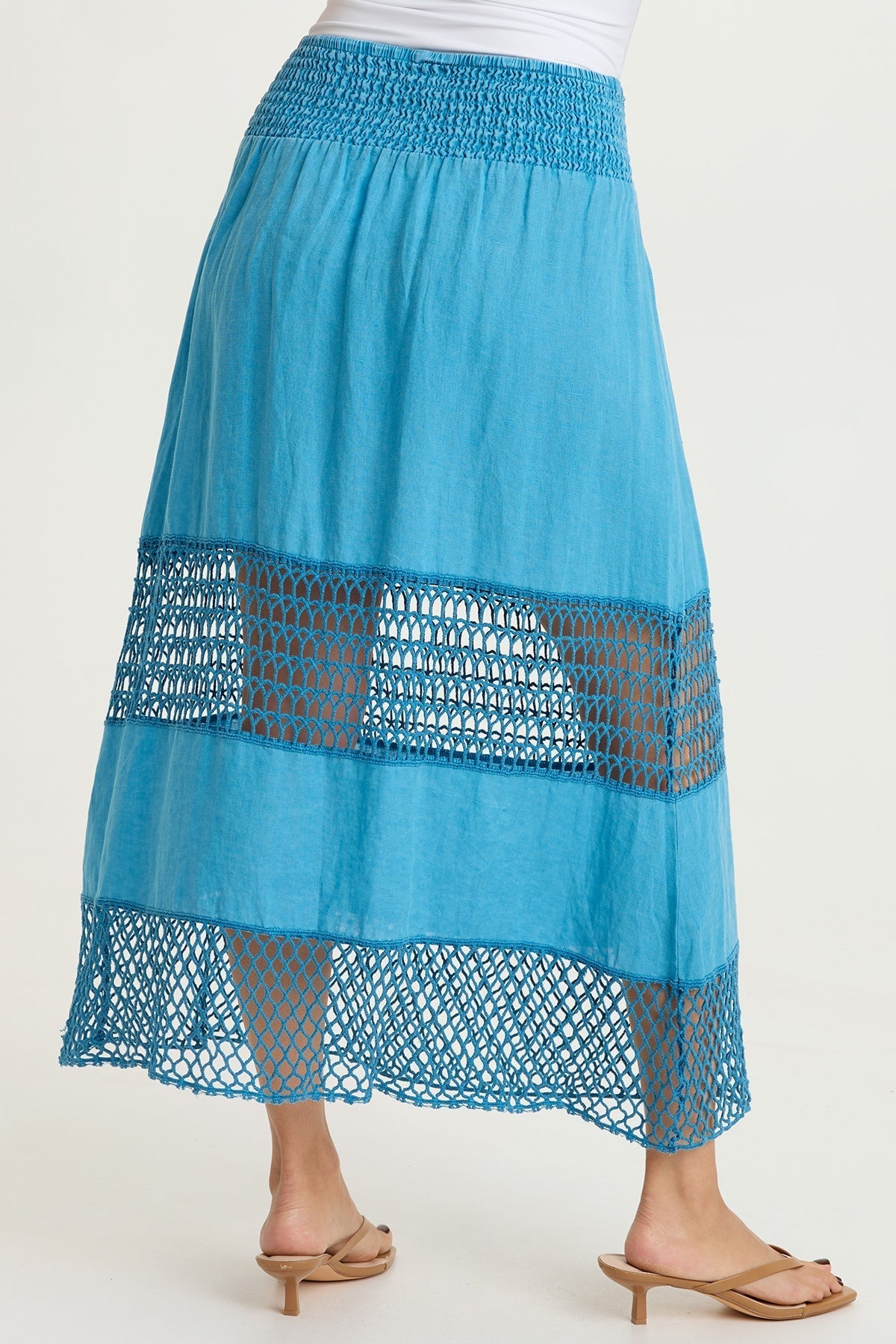 Fola 100% Linen Crochet Tiered Smocked Pull-On Waist Long Skirt Aztec Sky Pigment - XCVI
