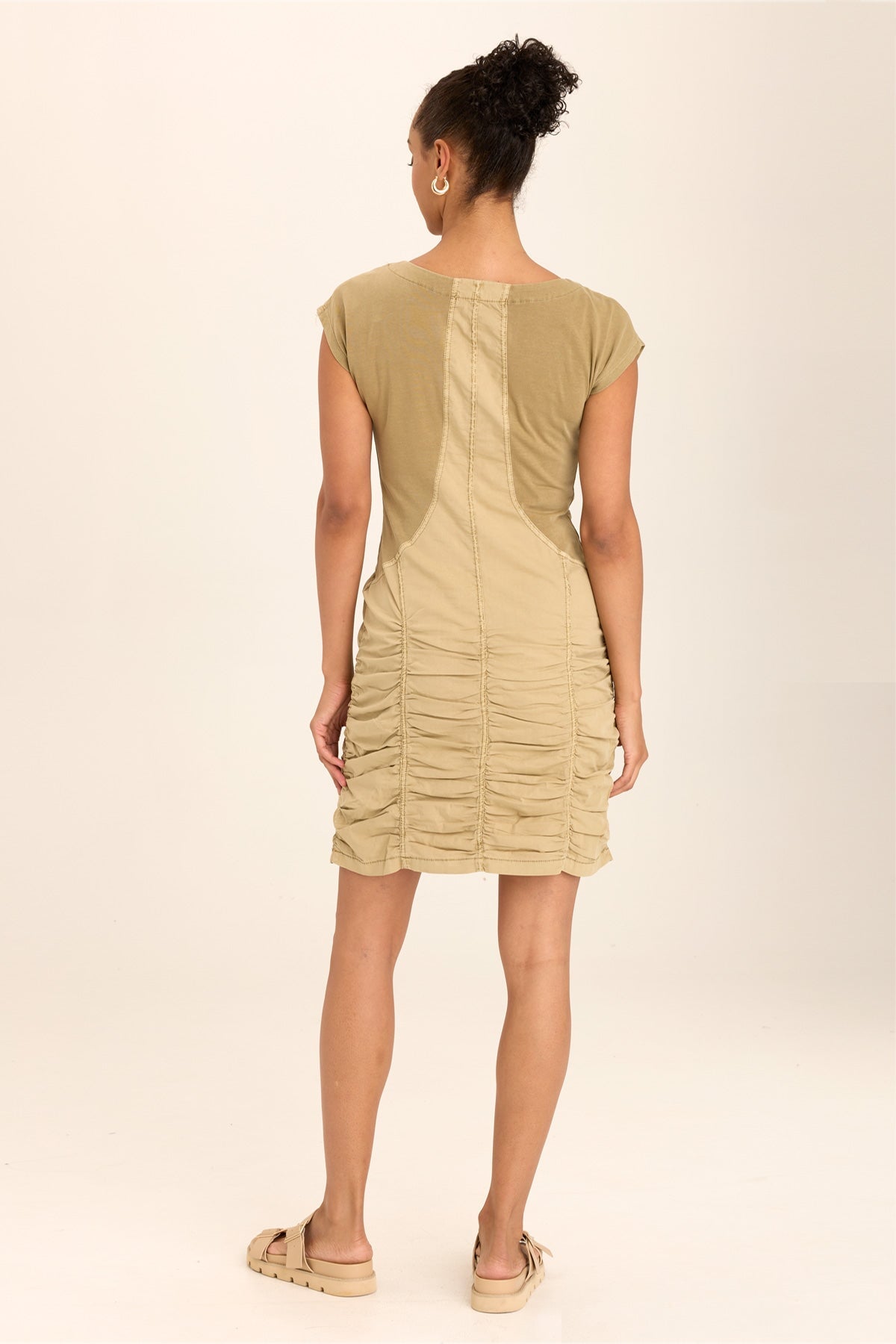 Wearables Aviana Ruched Cap-Sleeve Mini Dress in Stretch Poplin with soft jersey inserts in Beige - XCVI