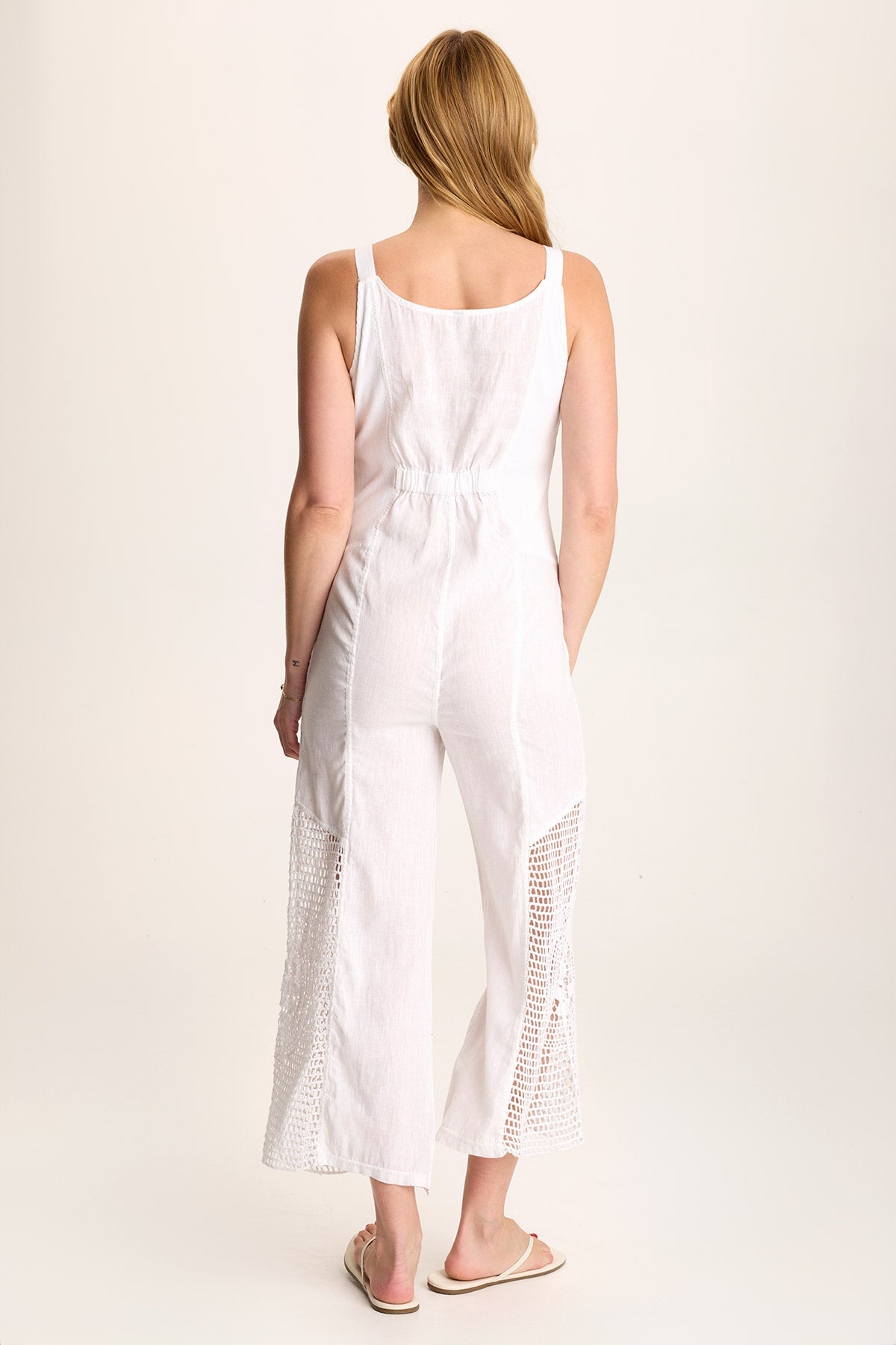Anamita Linen Jumpsuit – Crochet Inset & Scoop Neck White - XCVI
