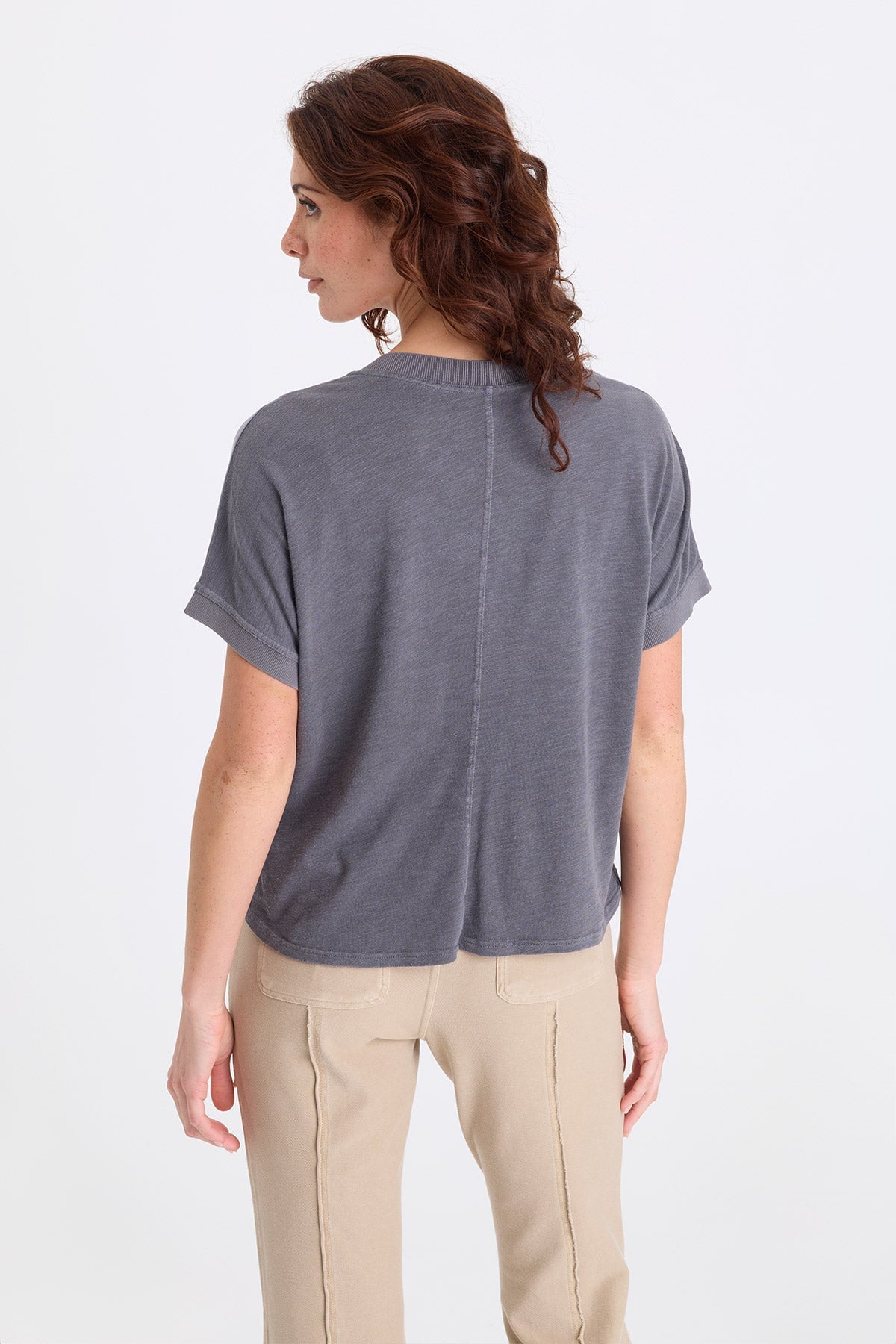 Hanno Soft Twill Rib Trim V-Neck Short Sleeve Top Nebulous Pigment - XCVI