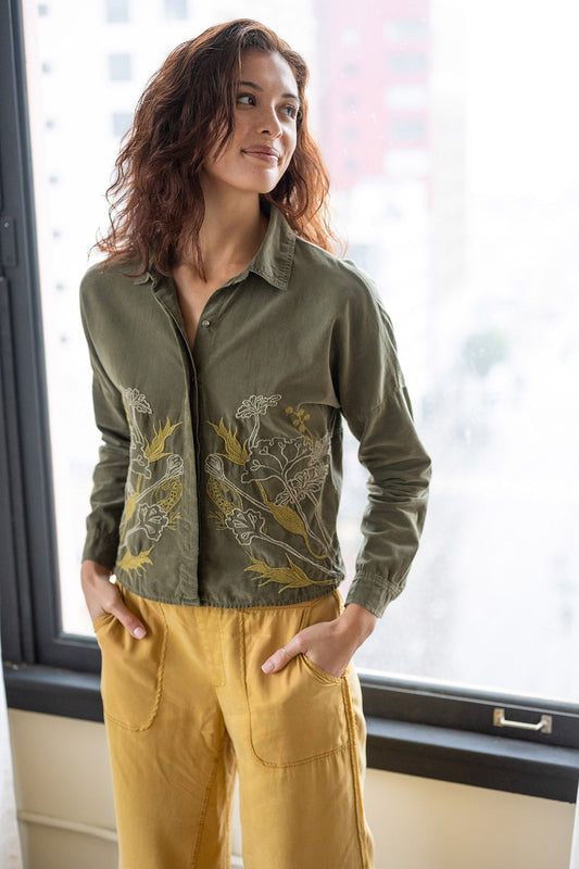 Kyle Embroidered Corduroy Button-Up Collared Top Kombu Pigment - XCVI