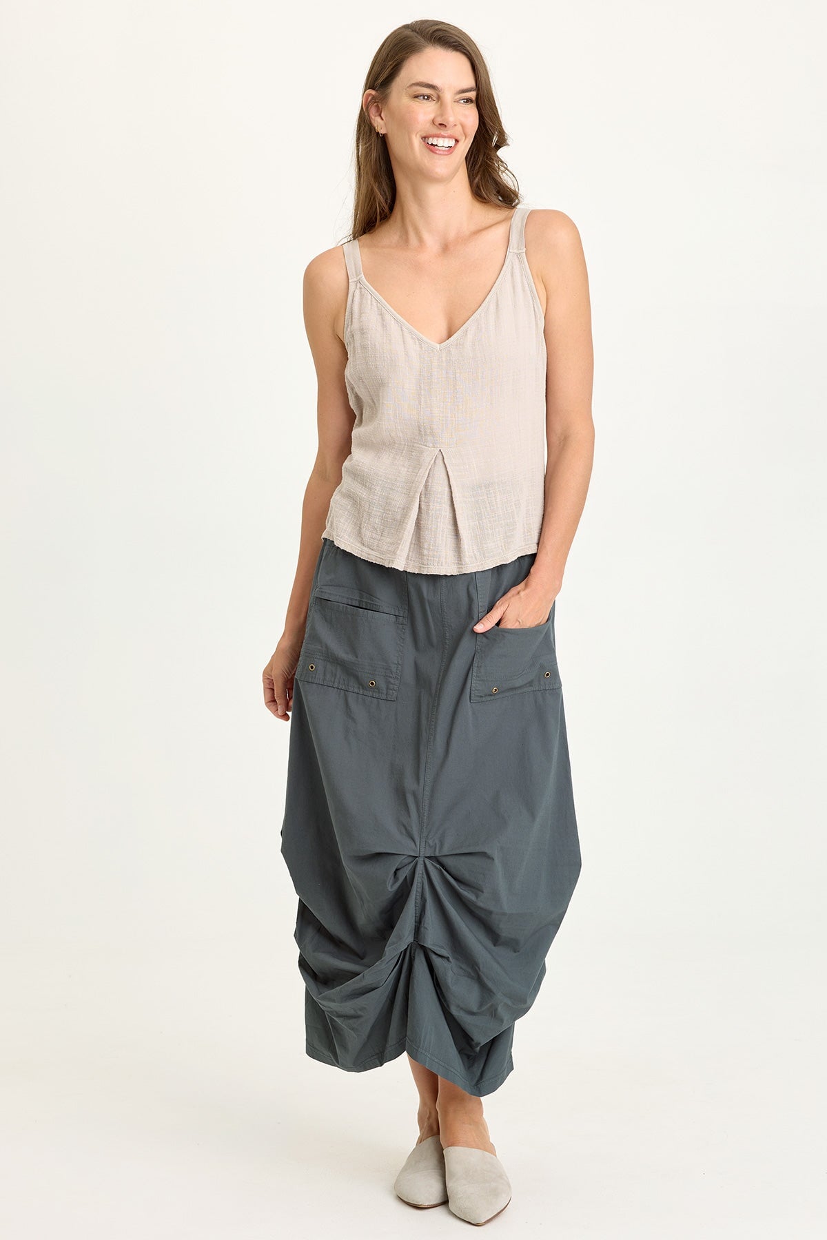 Wearables Cotton Gauze/Jersey Box Pleat Front Strap Tank Clay Pot Pigment - XCVI