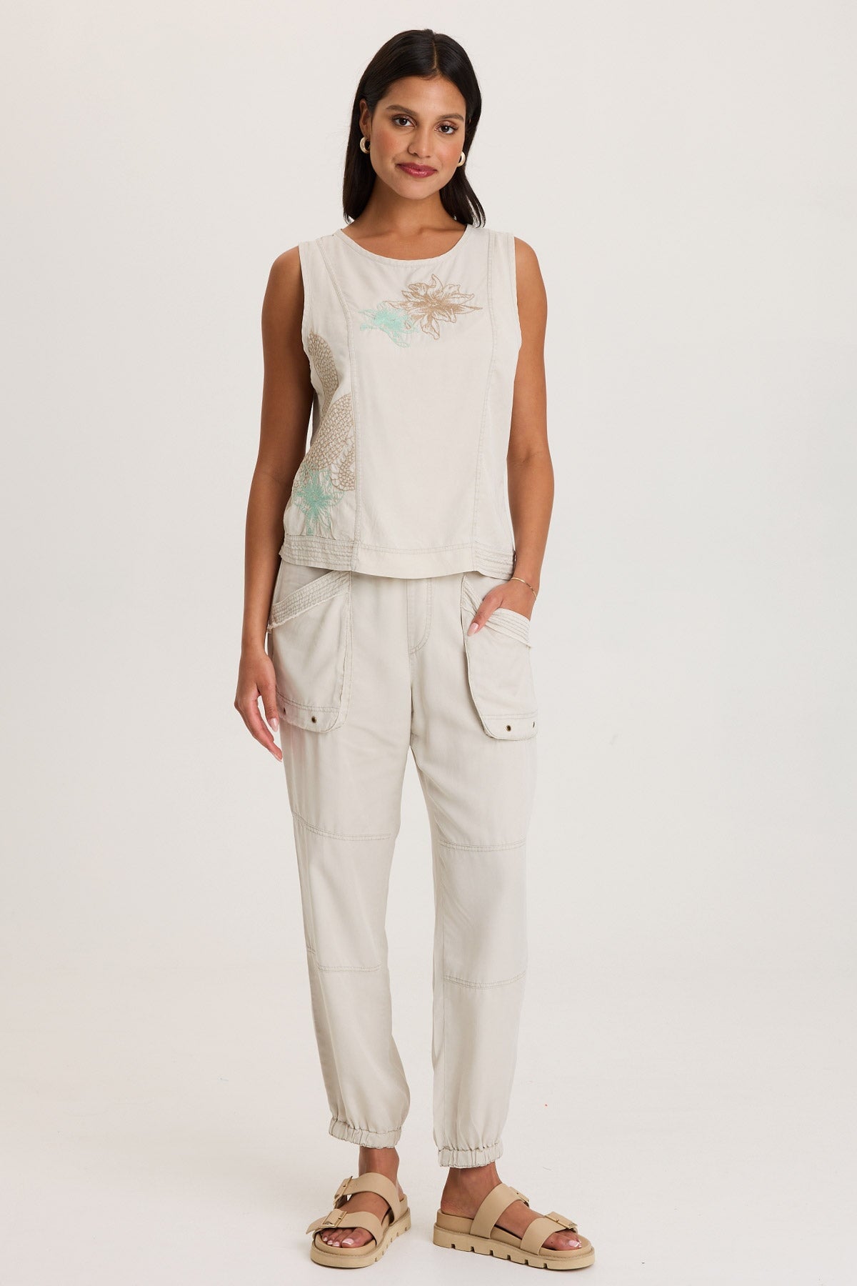 Floral and Scale Embroidered Structured Twill and Jersey Davies Tank Center Stage Pigment - XCVI
