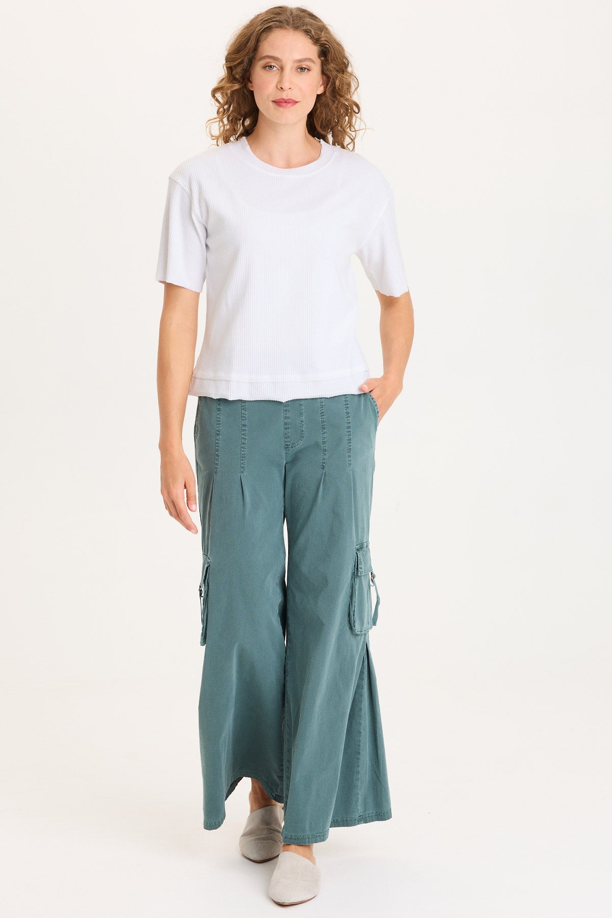 Drop Shoulder Double Raw Edge Hem Longer Short Sleeve Cairns Tee White - XCVI