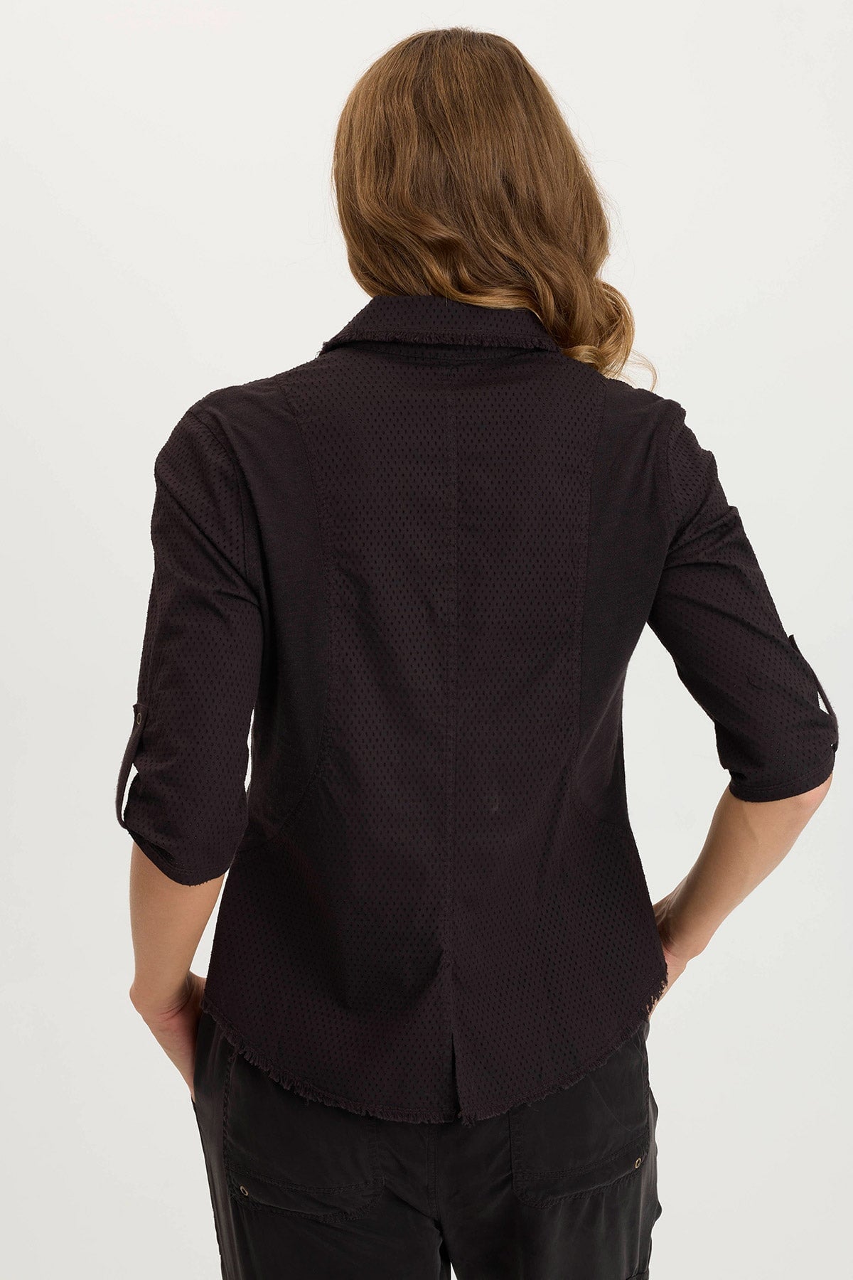 Arvin Peforated Poplin + Jersey Airy 3/4-Sleeve Snap-Up Top Black - XCVI