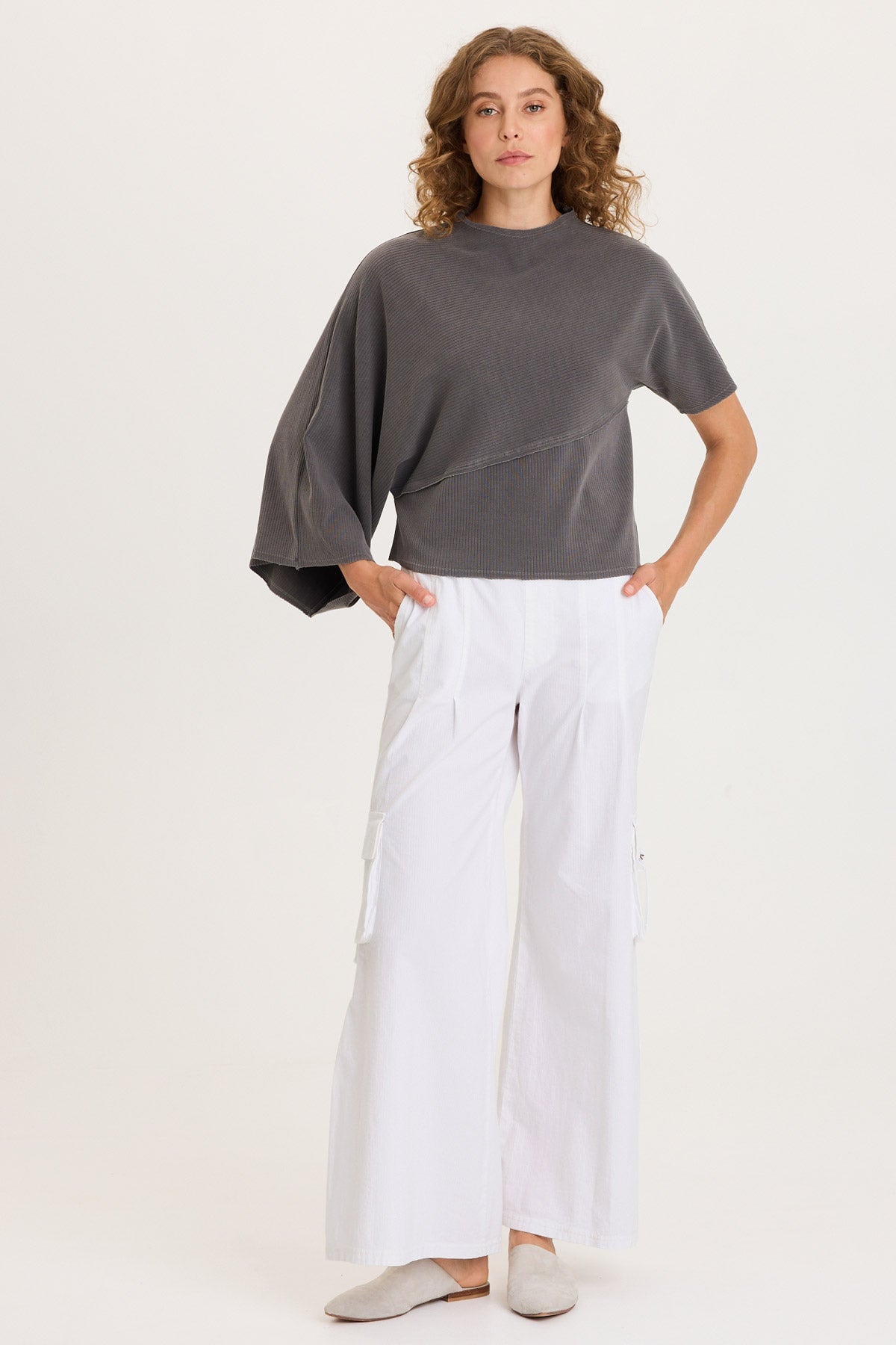 Gilchrist Asymmetrcal Short and Long Sleeve Rib Top Magnetic Grey Pigment - XCVI