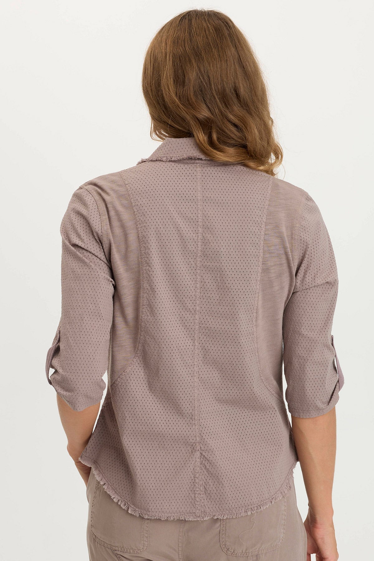 Arvin Peforated Poplin + Jersey Airy 3/4-Sleeve Snap-Up Top Poppy Seed - XCVI
