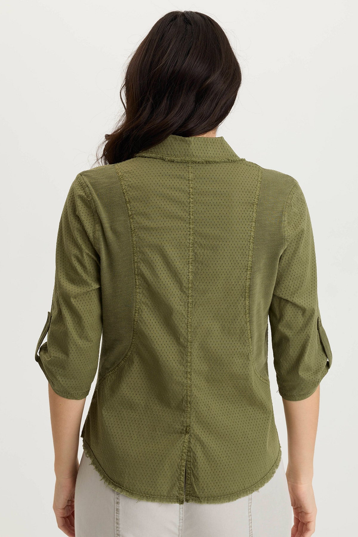 Arvin Peforated Poplin + Jersey Airy 3/4-Sleeve Snap-Up Top Cypress Pigment - XCVI