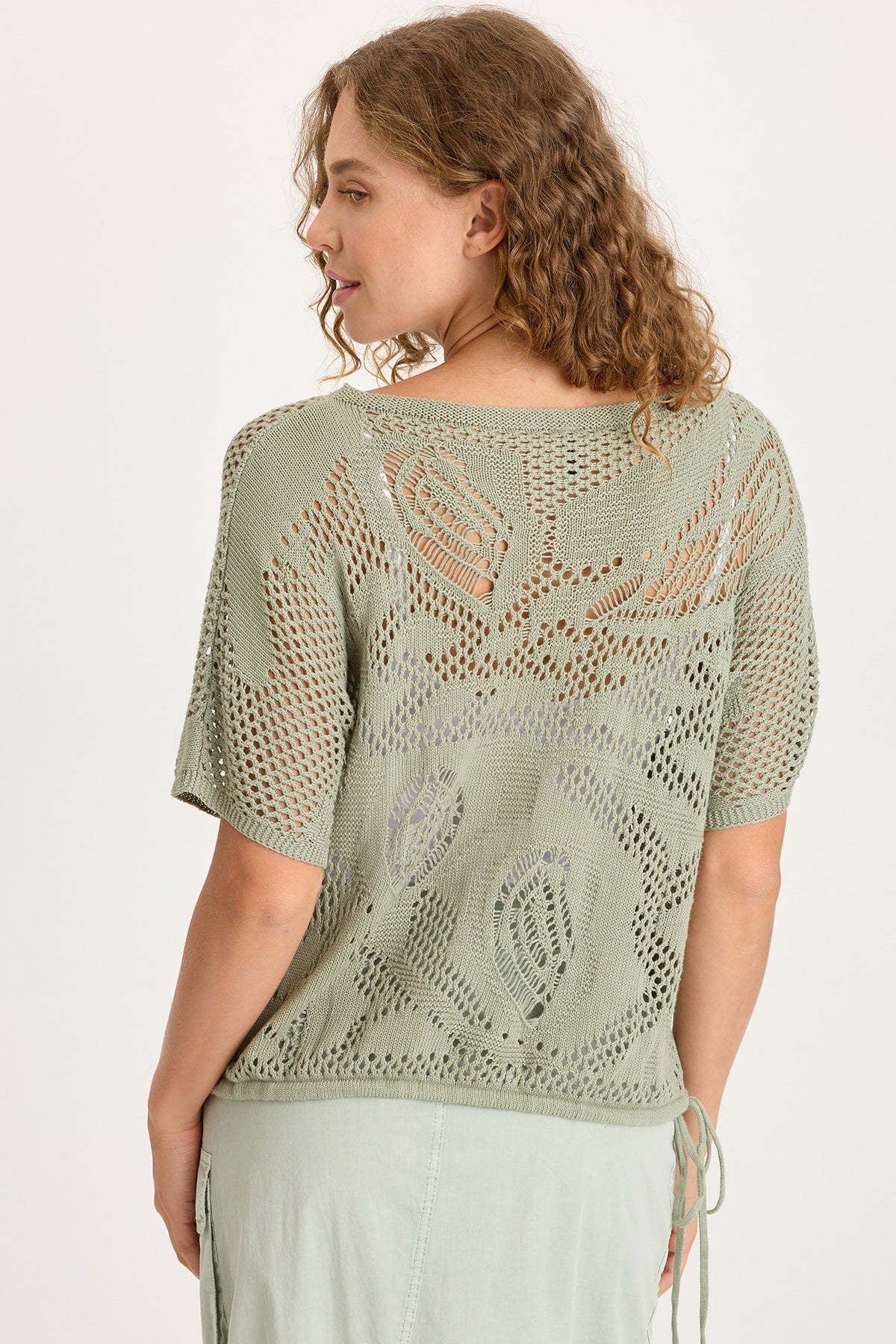 Macon Cotton Knit Mesh-Like Cinchable Bubble Hem Short Sleeve Top Tradewind Pigment - XCVI