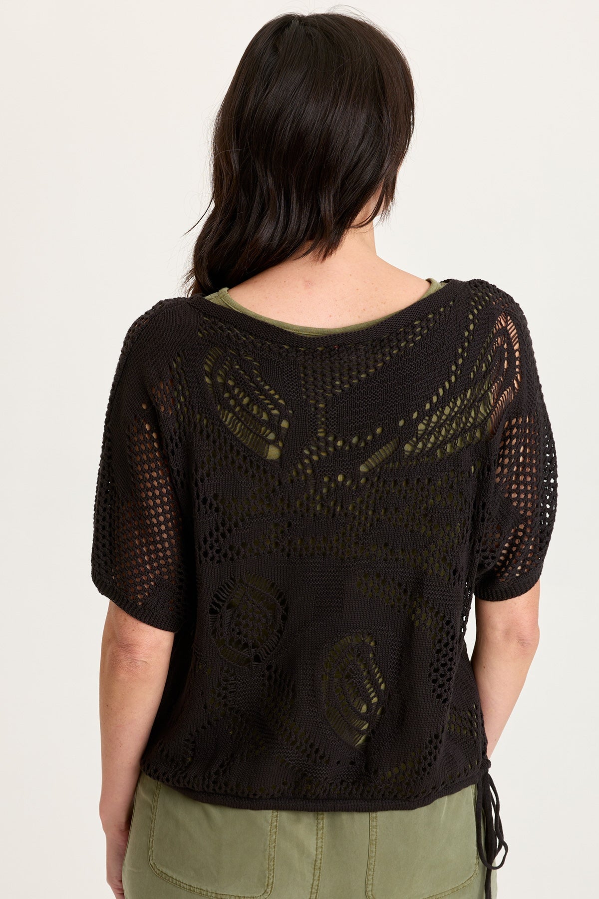 Macon Cotton Knit Mesh-Like Cinchable Bubble Hem Short Sleeve Top Black - XCVI