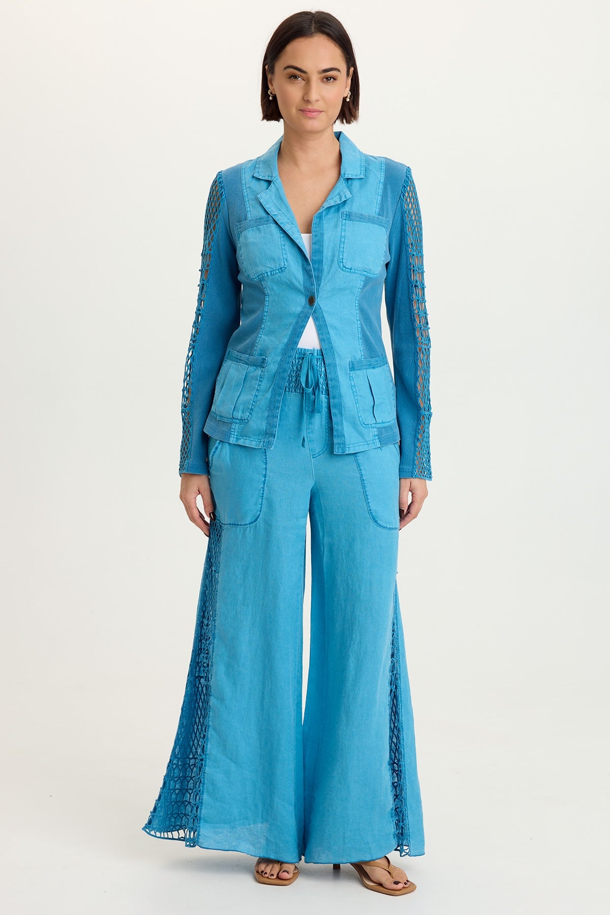 Mackie Linen Crochet Sleeve One-Button Closure Jacket Aztec Sky Pigment - XCVI