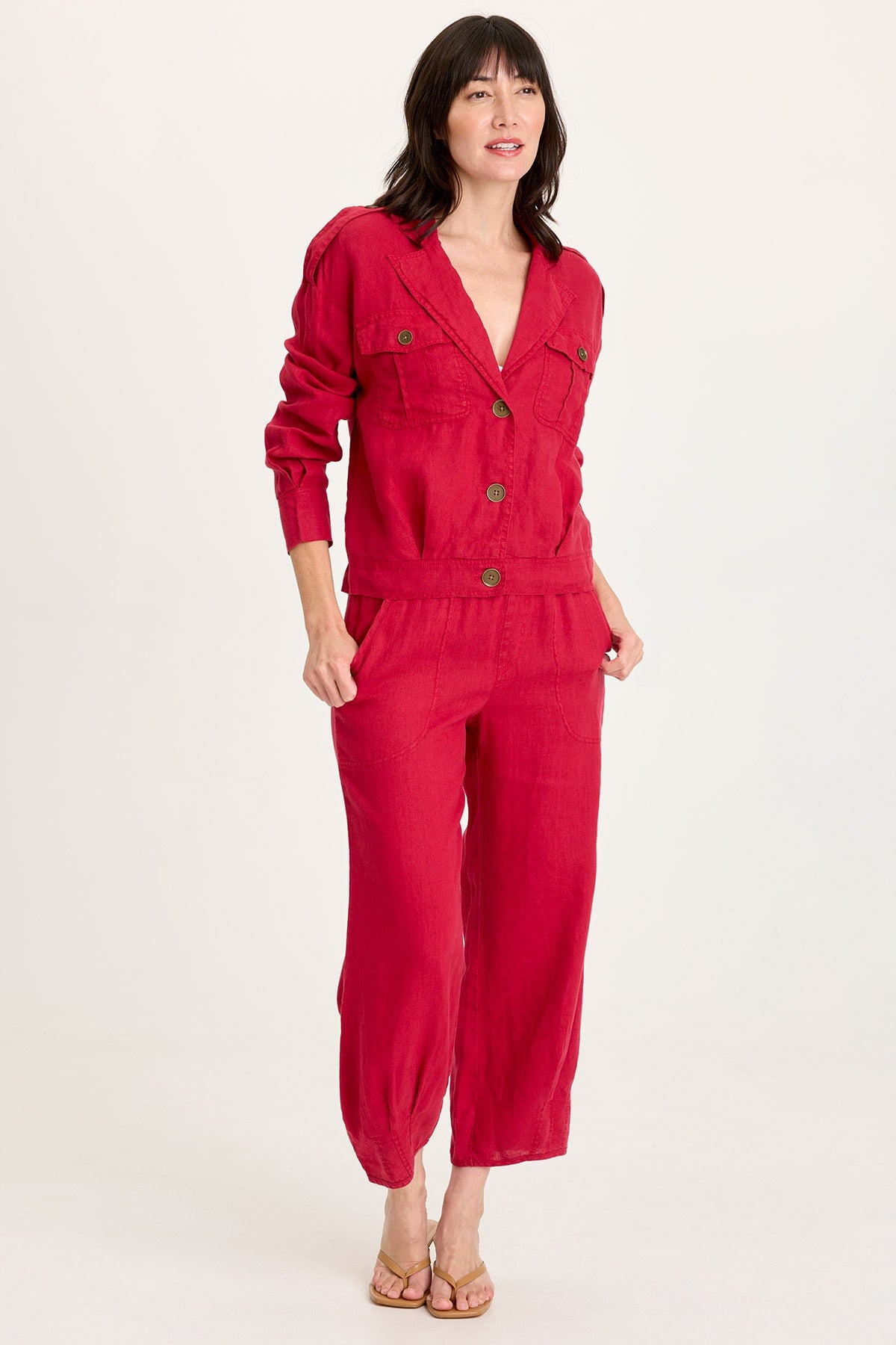 Linen Exaggerated Collar Pleated Jacket with Brass Hardware Details Red Garnet - XCVI