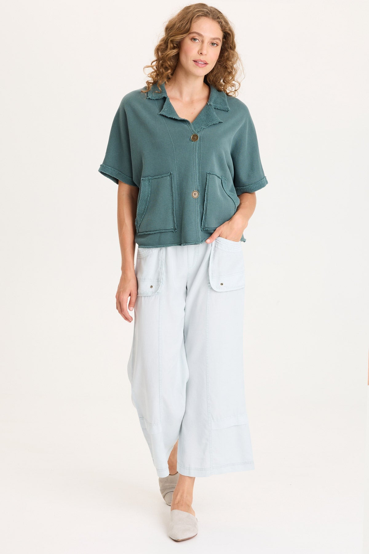 Kennison Short Sleeve Double Breasted Boxy Capelet with Reverse Fleece Pockets Ocean Storm Pigment - XCVI