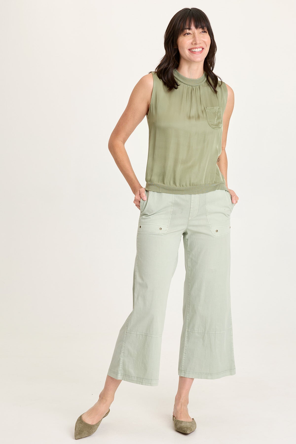 Artus Poplin Smocked Waist Crop Pant Tradewind Pigment - XCVI