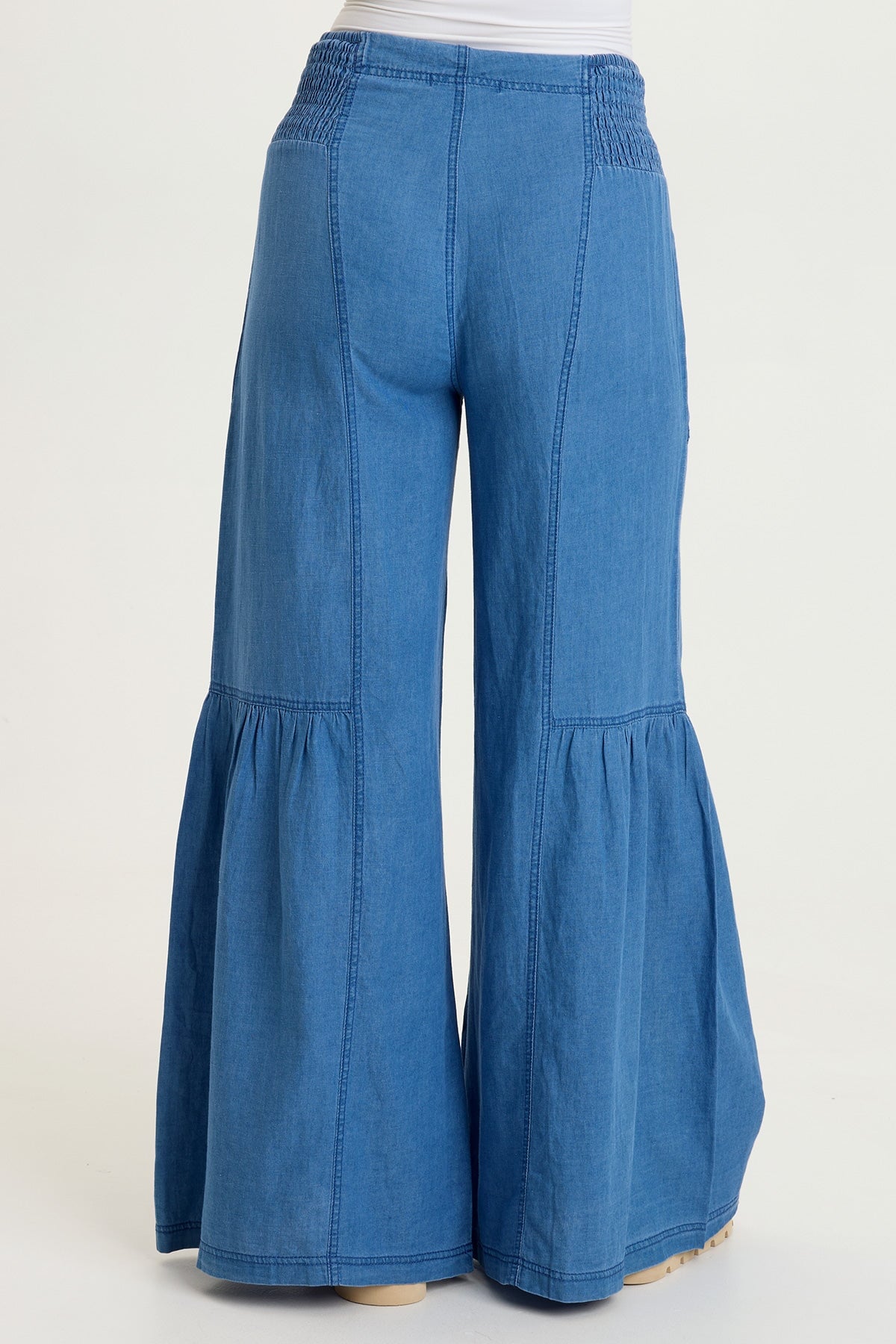 Zain Indigo Twill Tiered Smocked Elastic Waist Wide-Leg Pant Etiolate Wash - XCVI