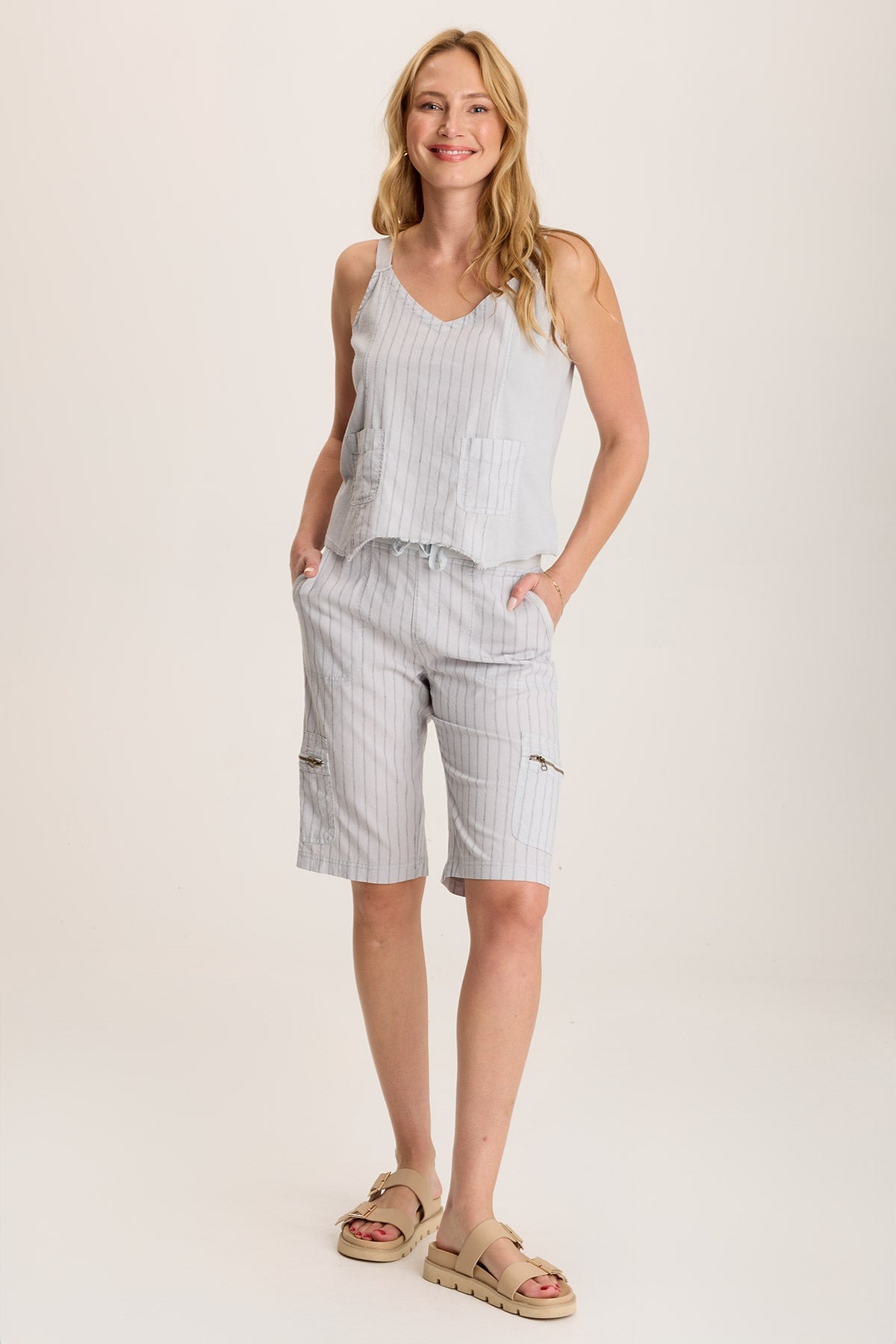 Favian Bermuda Linen Pinstripe Shorts with Cargo Pockets Grey Marble - XCVI