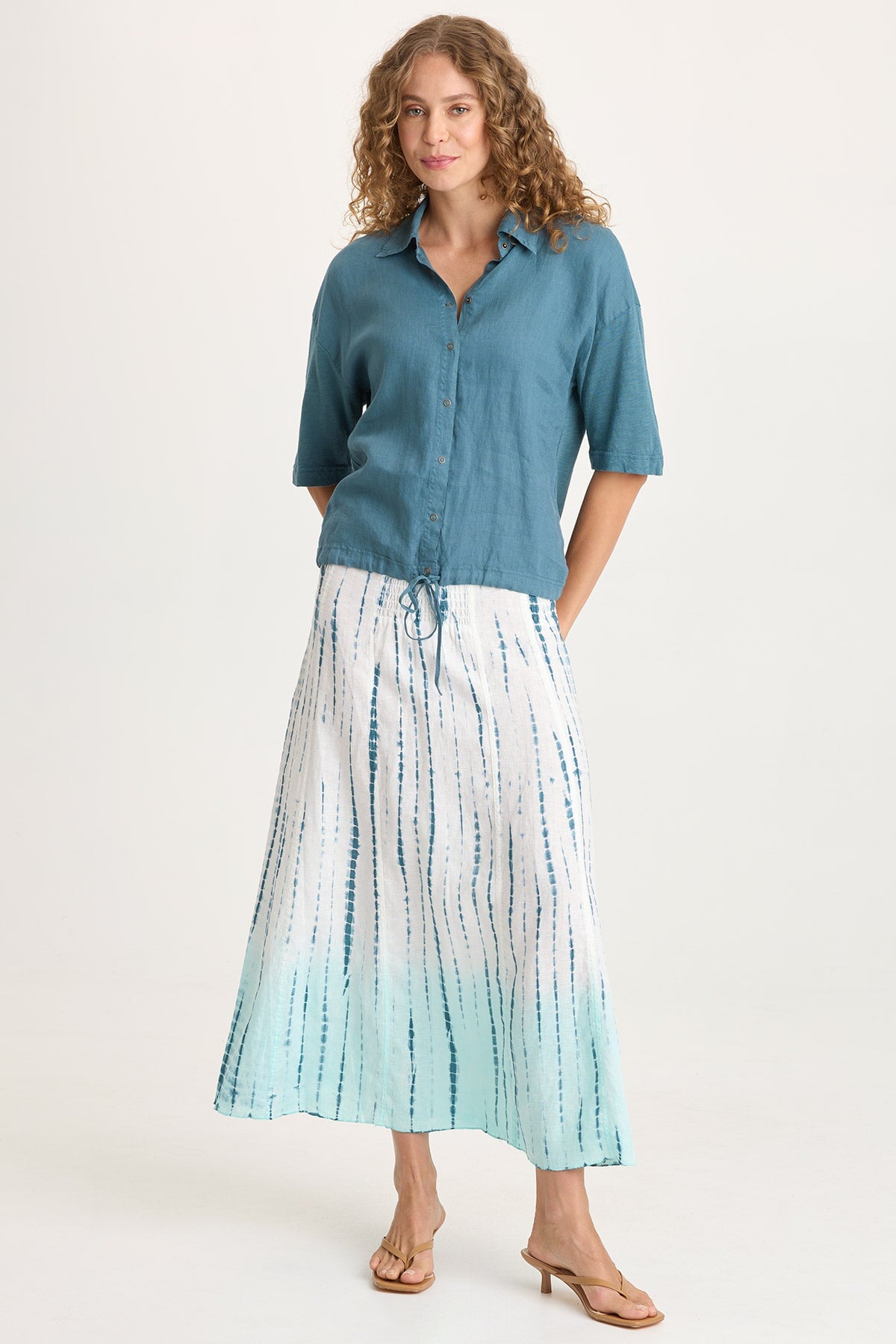 Blake Linen Smocked Waist Flouncy Skirt or Smocked Sleeveless Dress Elixir Wash Colossus - XCVI