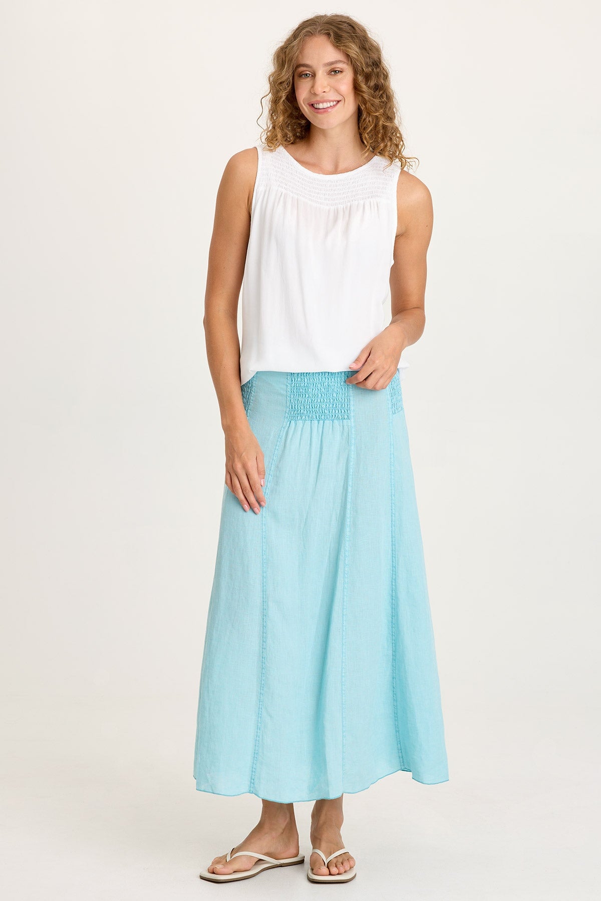Blake Linen Smocked Waist Flouncy Skirt or Smocked Sleeveless Dress Mermaid Tail Pigment - XCVI