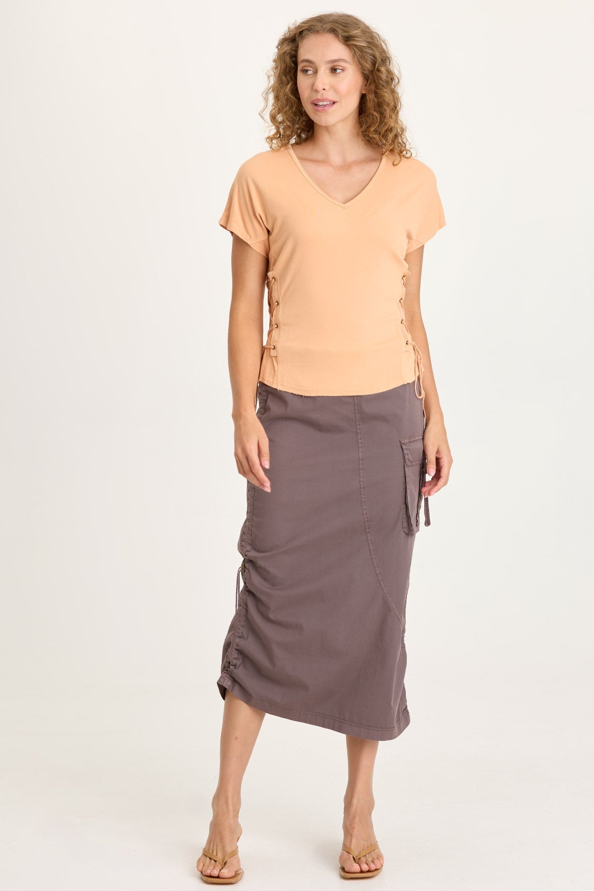 Bindi Poplin Asymmetrical Side-Cinch Pull-On Midi Skirt Virtuoso Pigment - XCVI