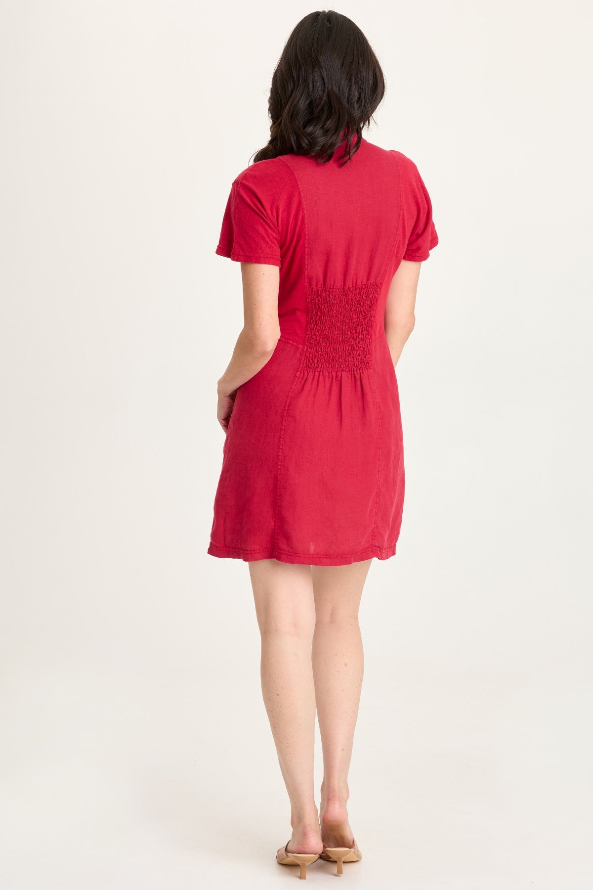 Mikel Linen Smoked Waist Snap-Up Collared Short-Sleeve Dress Red Garnet - XCVI