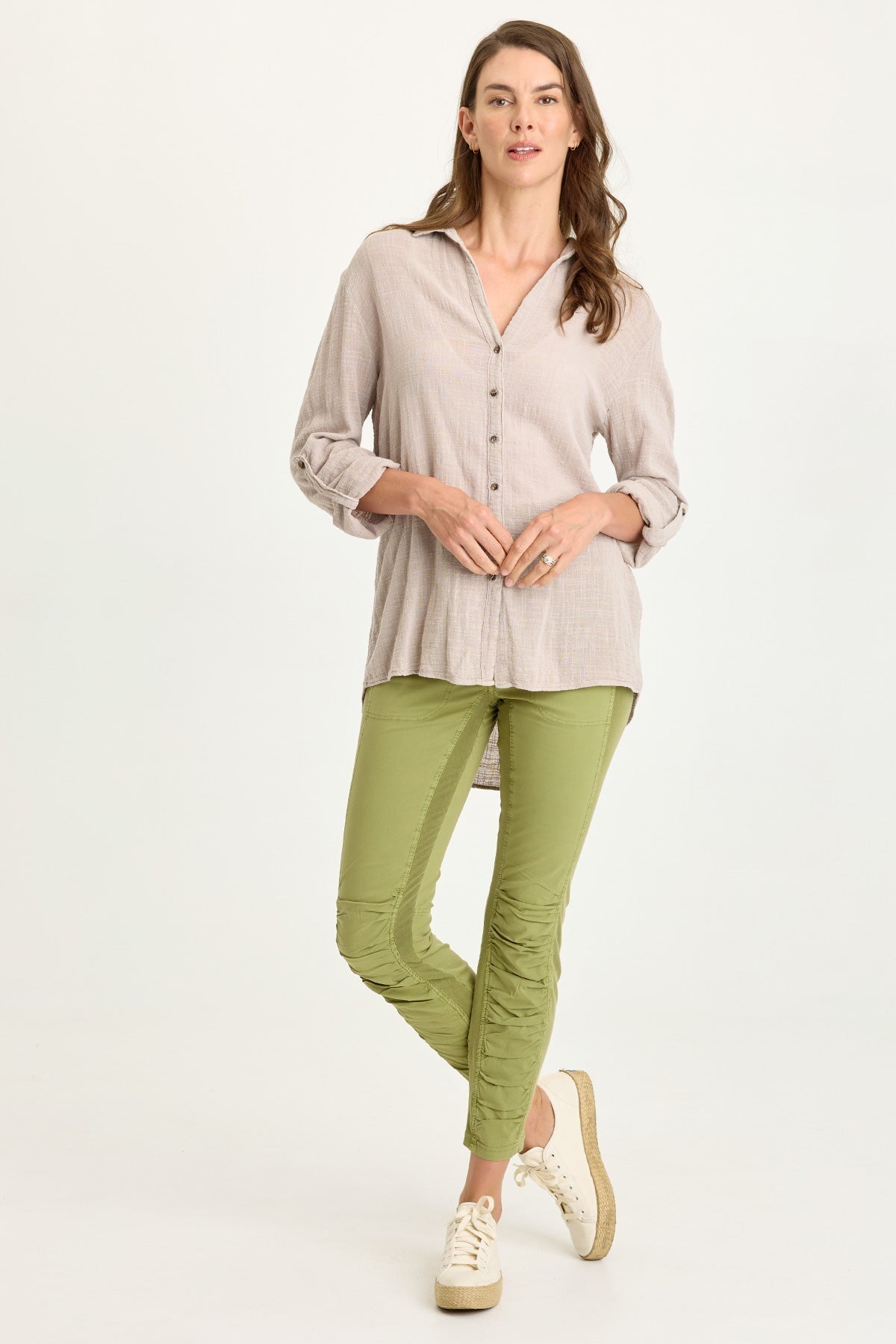 Wearables Porter Gauze Tabbed Sleeve Button-Up Blouse Clay Pot Pigment - XCVI