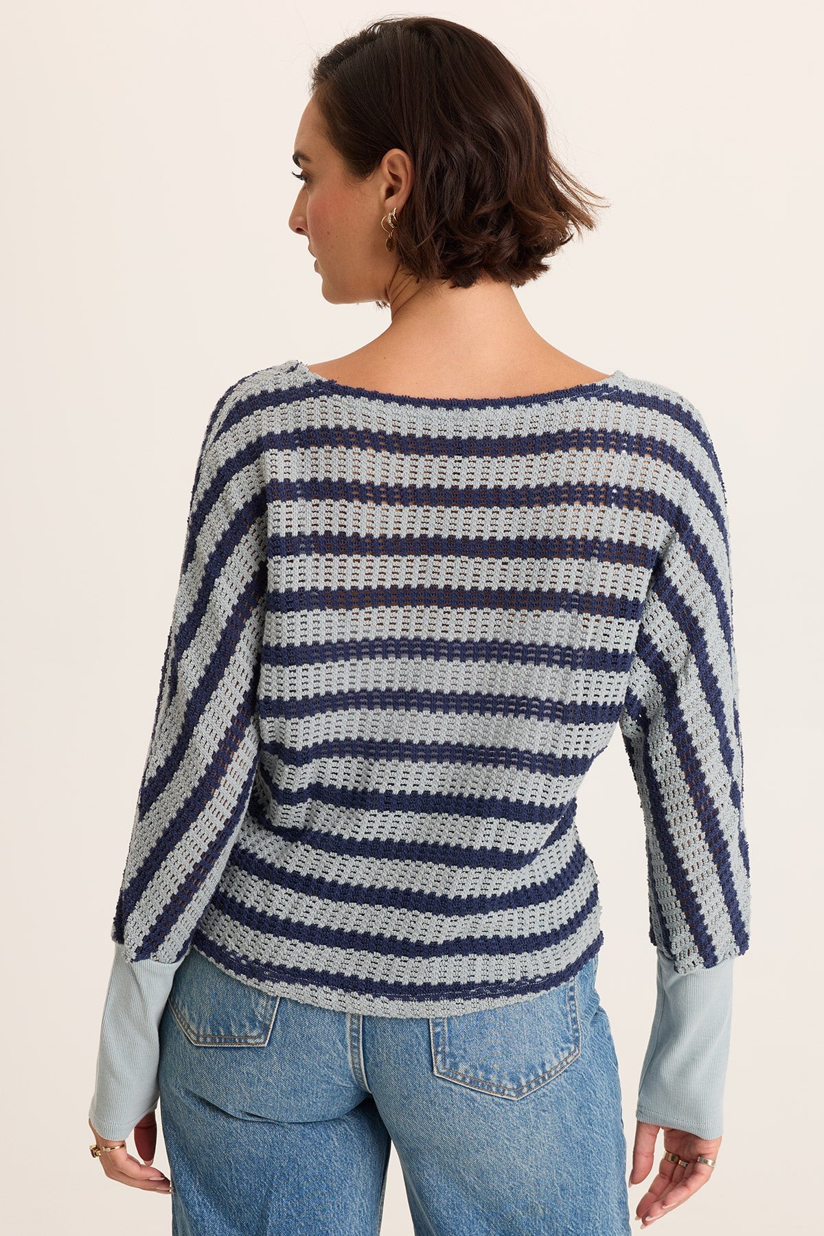 Navy Stripe Knit Boat Neck Pull-Over Gowen Kimono Long Sleeves Top Carefree Pigment - XCVI