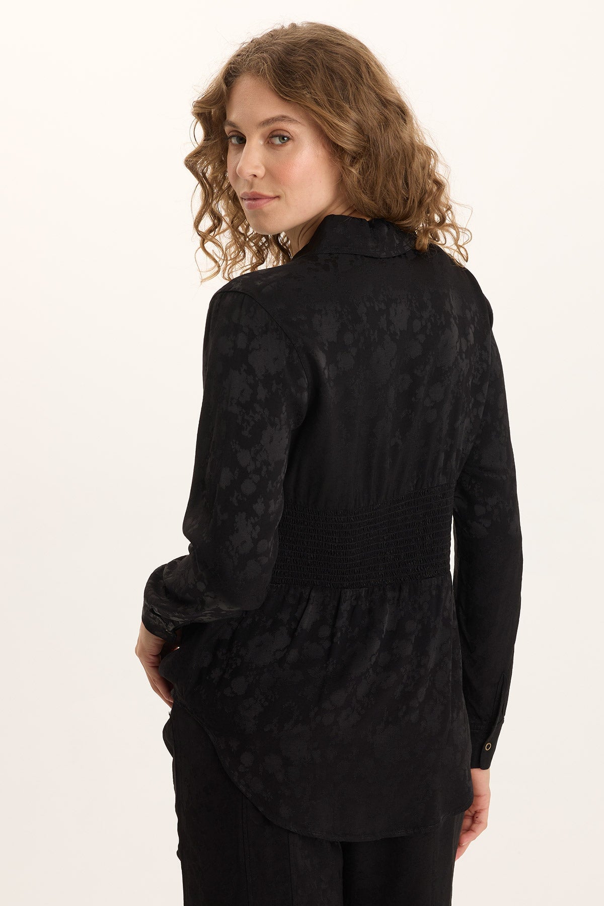 Senneca Textured Satin Shirred Waist Button-Up Blouse Black - XCVI