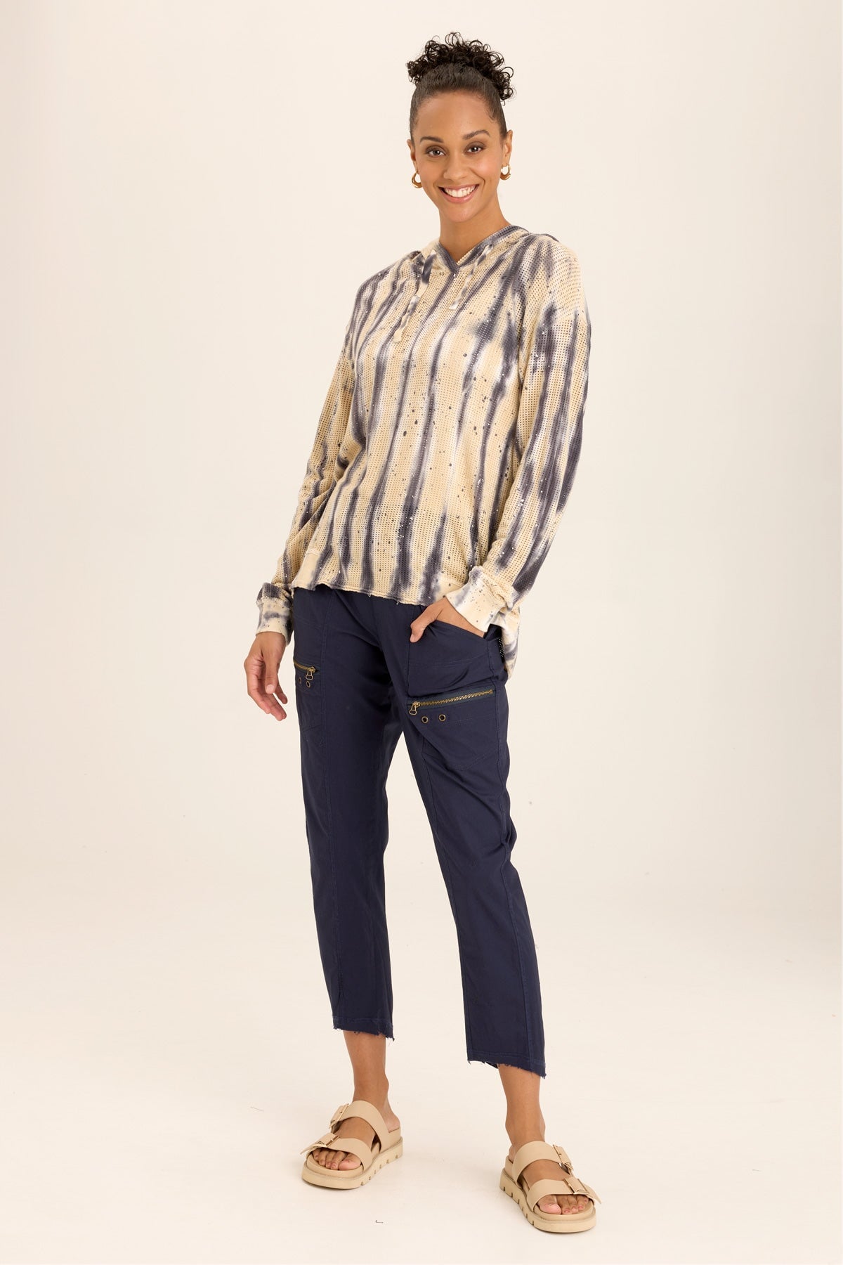 Wearables Sidel Mesh Lounge Hoodie relaxed fit with rib hem in Blue Flecked Wash - XCVI