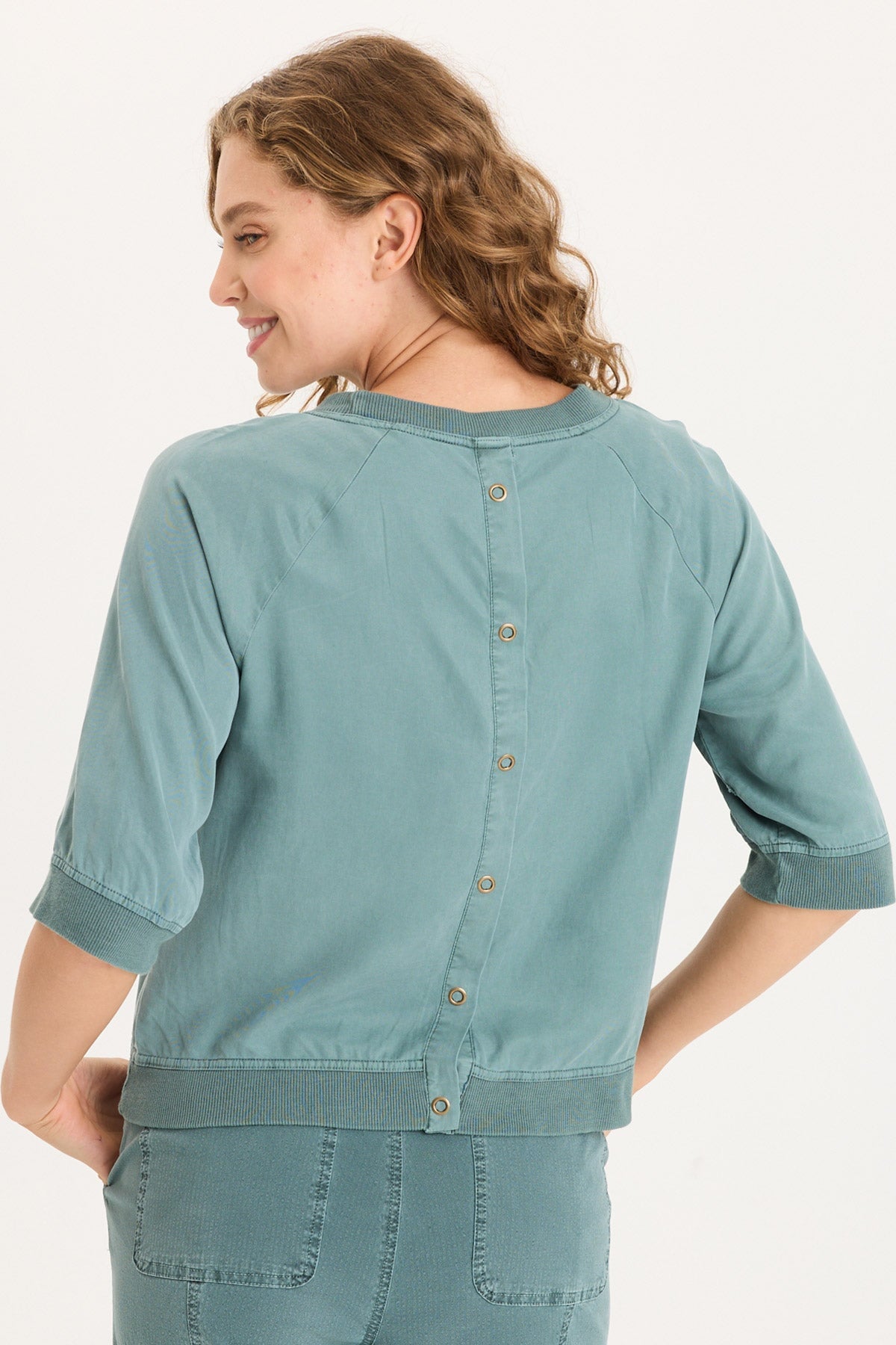 Twill/Rib Elongated Raglan Short Sleeves and Snap-Up Back Linton Top Ocean Storm Pigment - XCVI